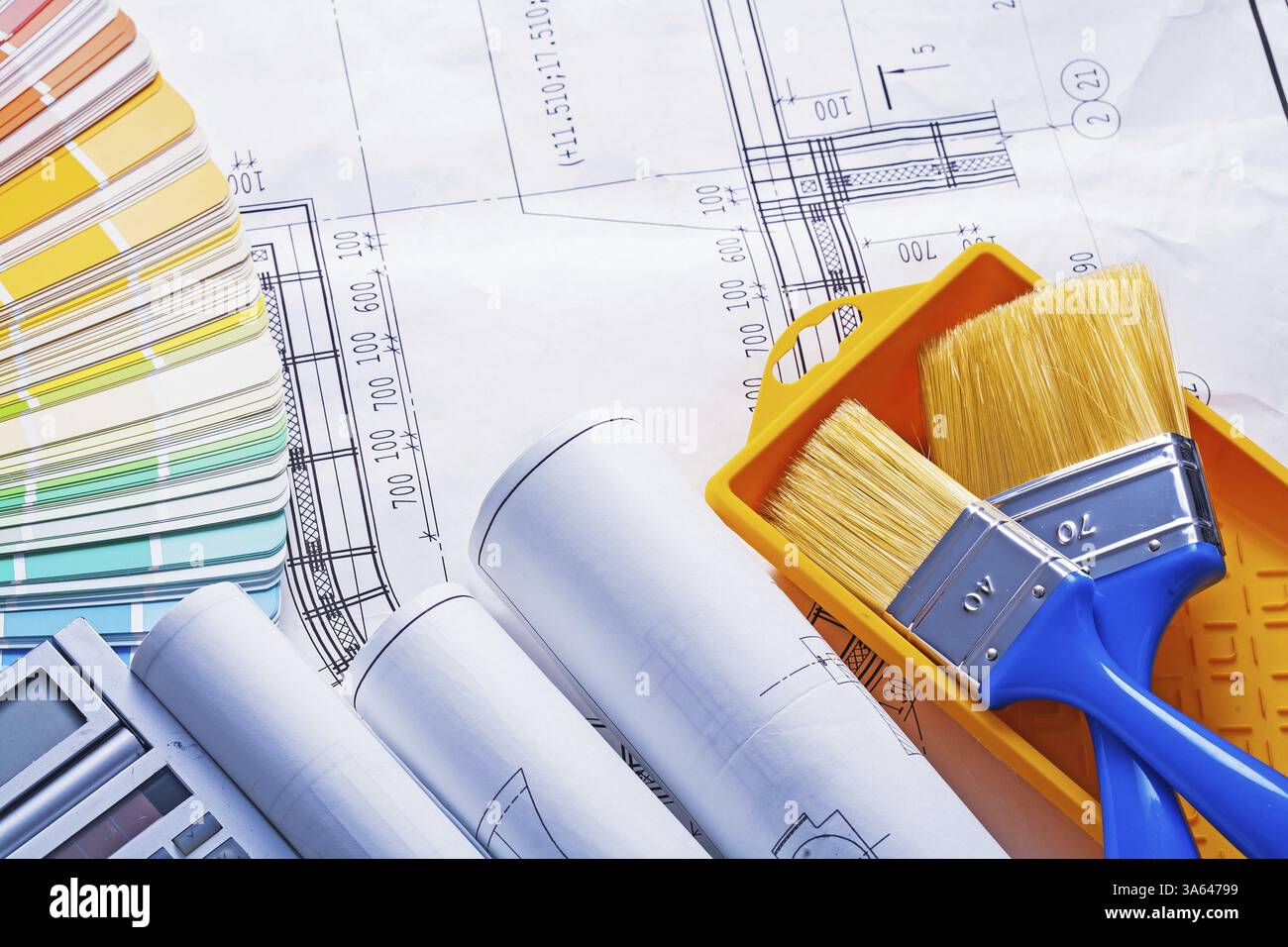 Rouleau Blueprints calculatrice palette de couleurs pinceaux plateau Banque D'Images