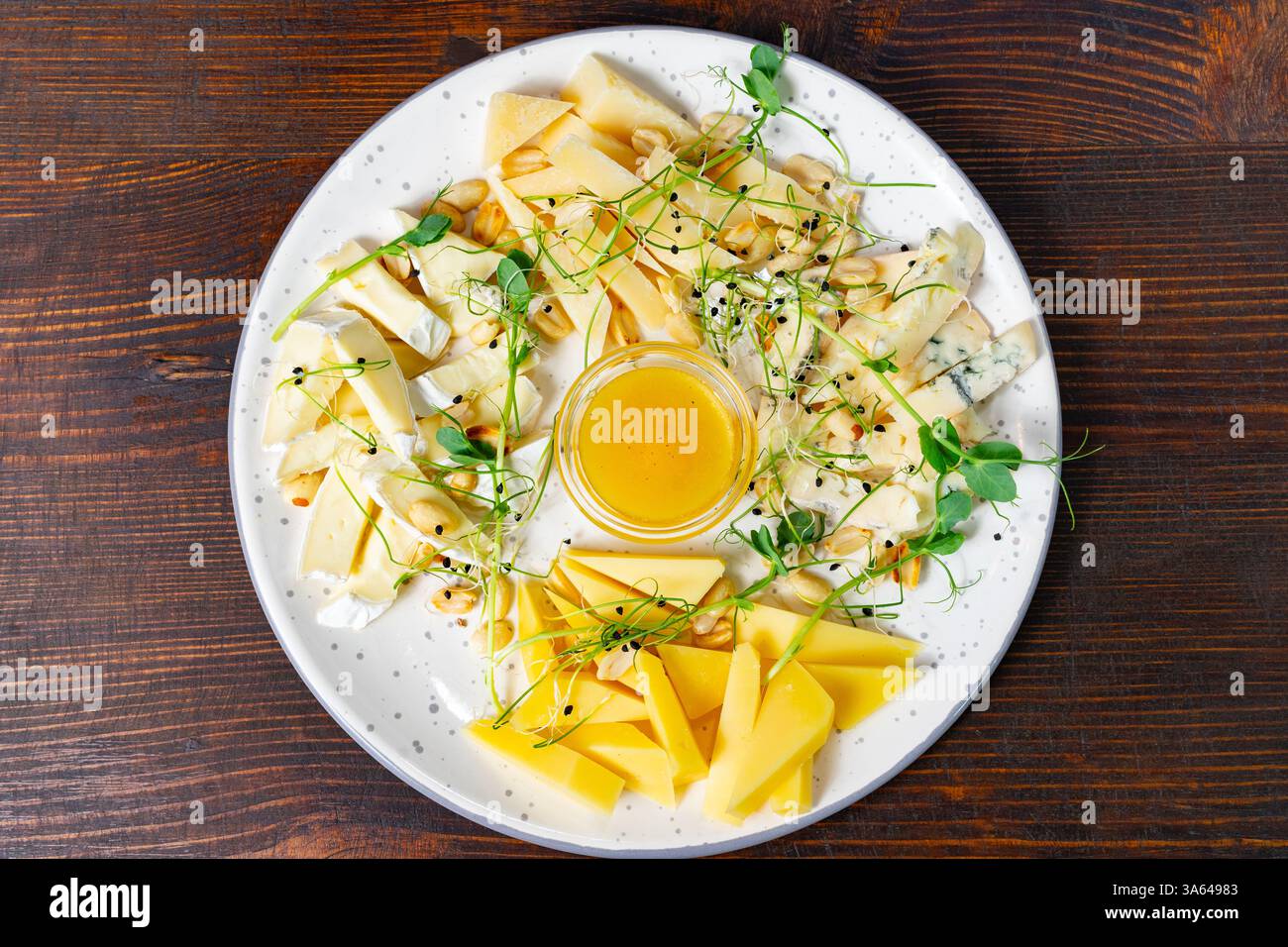 Un plateau circulaire présente un assortiment de fromages artisanaux, y compris des options crémeuses et des variétés pointues. Banque D'Images
