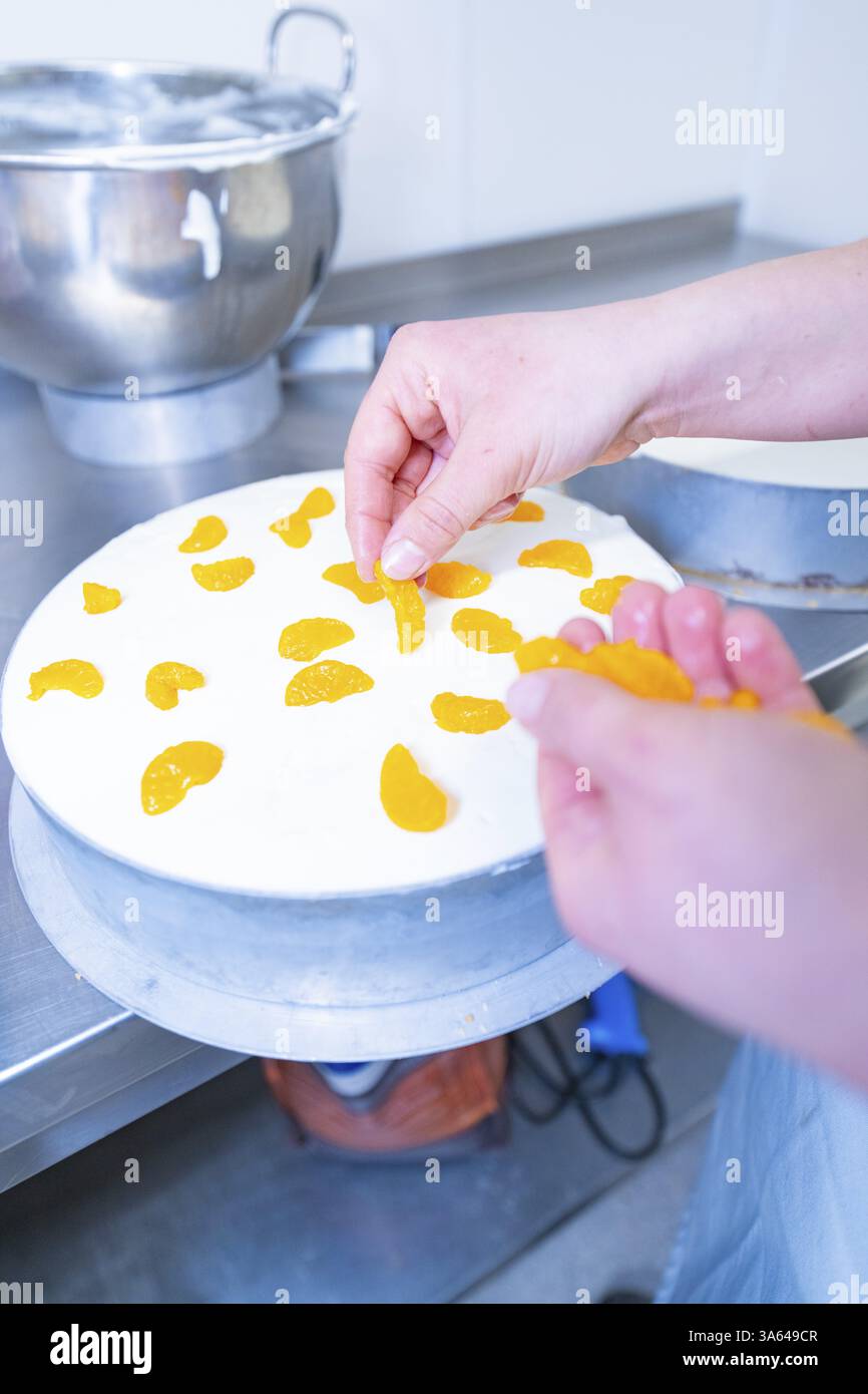 Les morceaux de mandarin sont placés sur un gâteau préparé, cuisson de gâteau, Haselstaller Hof Cafe Kuh, Wildberg, Forêt Noire, Allemagne, Europe Banque D'Images