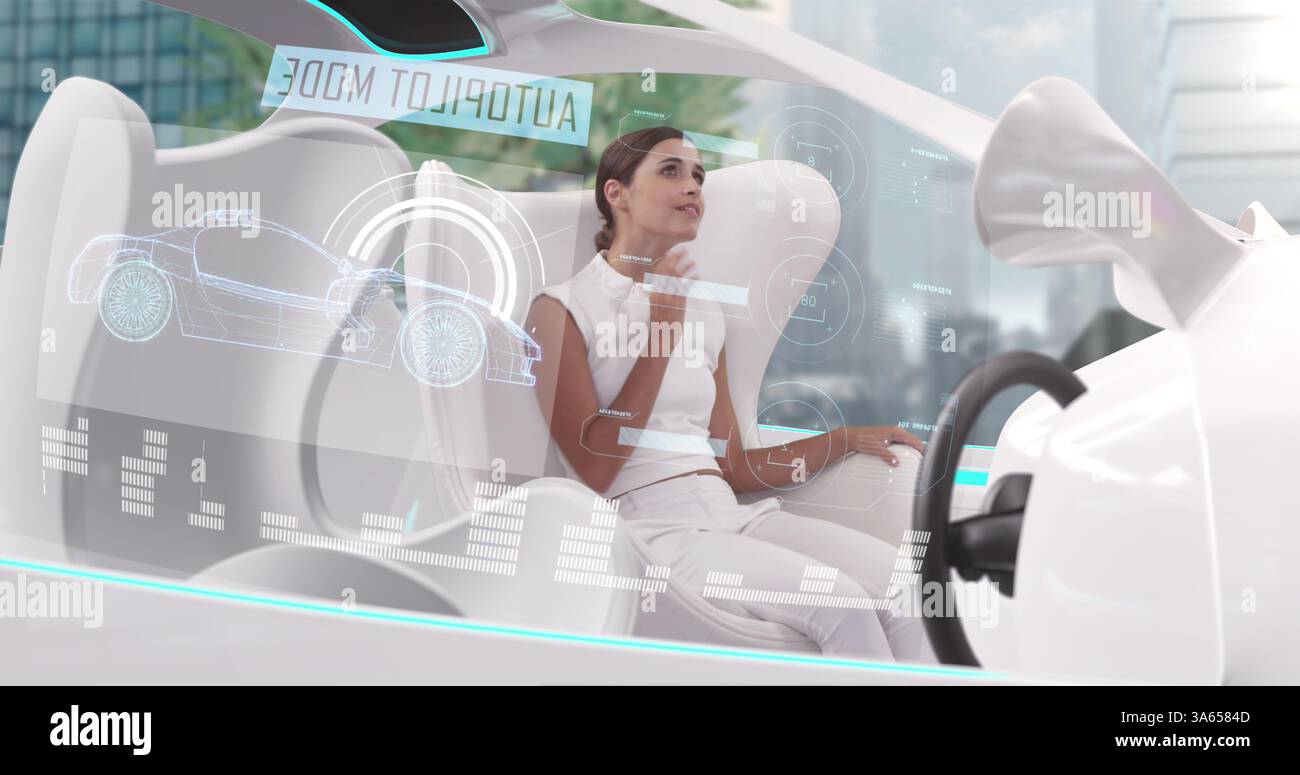 Image d'une femme dans une voiture avec des intérieurs blancs en mode pilote automatique conduisant à travers la ville Banque D'Images