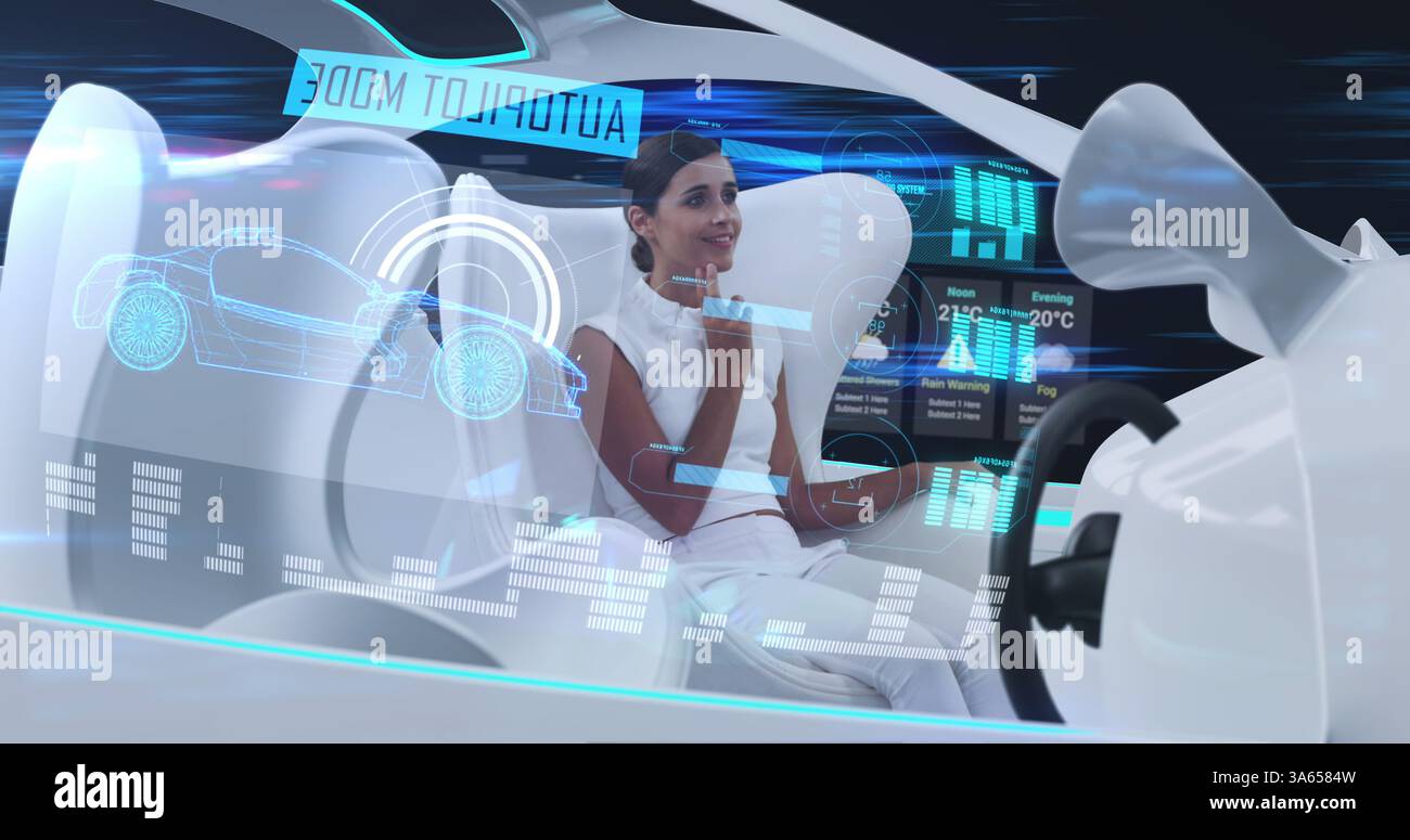 Image d'une femme portant du blanc dans la voiture en mode pilote automatique conduisant à travers la ville moderne Banque D'Images