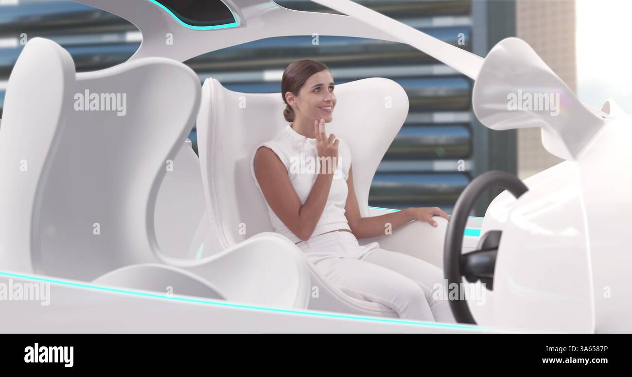 Image d'une femme dans une voiture avec des intérieurs blancs en mode pilote automatique conduisant à travers la ville Banque D'Images