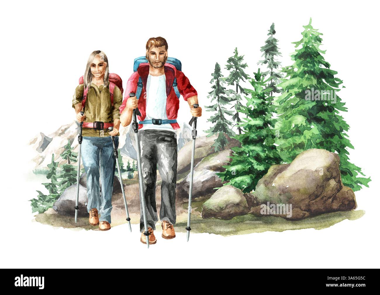 Touristes marchant dans la forêt avec des bâtons de trekking dans leurs mains. Illustration d'aquarelle dessinée à la main isolée sur fond blanc Banque D'Images