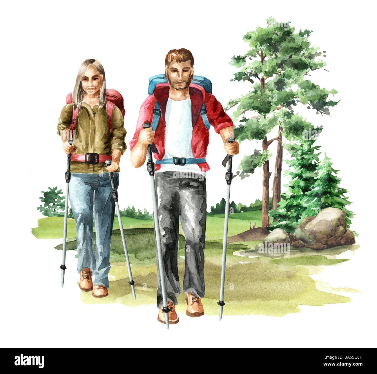Touristes marchant dans la forêt avec des bâtons de trekking dans leurs mains. Illustration d'aquarelle dessinée à la main, isolée sur fond blanc Banque D'Images
