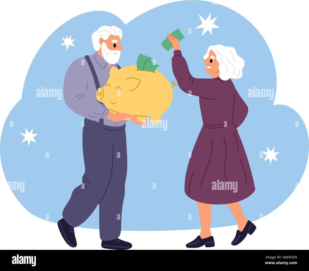 Un couple âgé met de l'argent dans une tirelire. Épargne-retraite. Finance familiale senior. Moneybox pour billets de banque financiers. La richesse des grands-parents. Retraité vieux Illustration de Vecteur