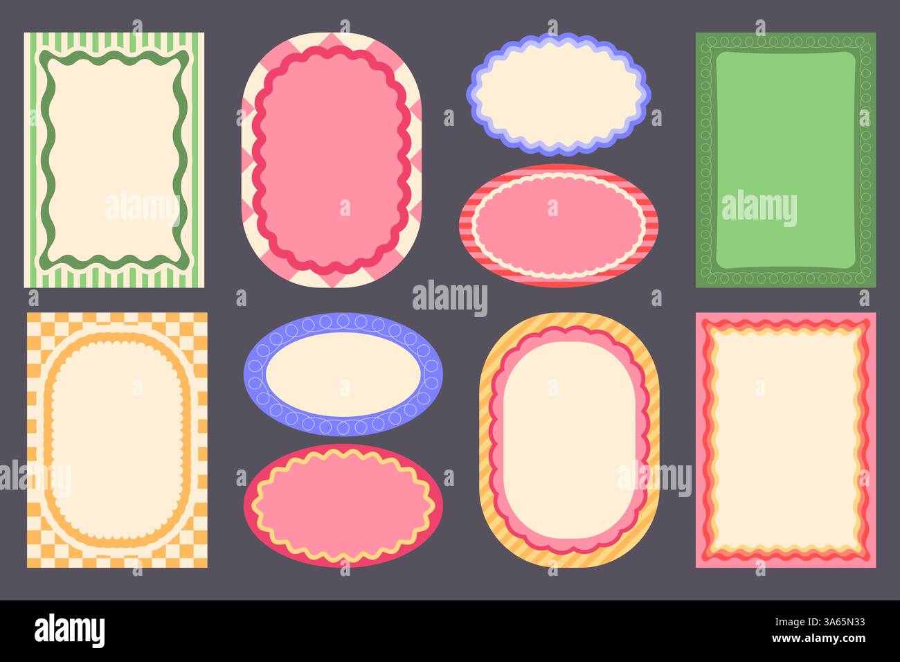 Ensemble de cadres de bordure ondulée Groovy - cadres de couleurs pastel avec des motifs de tourbillon de points, éléments à carreaux, bords festonnés ovales pour les projets de conception rétro des années 60 et 70. Arrière-plans vectoriels colorés à carreaux funky. Illustration de Vecteur