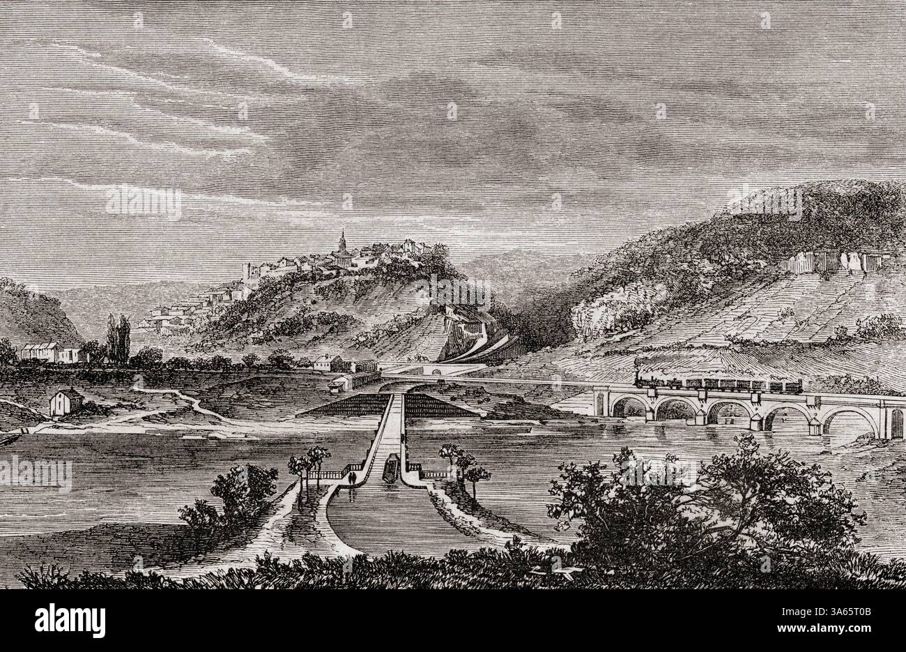 Vue sur le canal et le chemin de fer de Liverdun, département de Meurthe-et-Moselle, nord-est de la France, XIXe siècle. De Paris à Bucarest, conférences géographiques de M. V. Duruy, 1860. En vedette dans le Tour du monde, publié en 1861. Banque D'Images