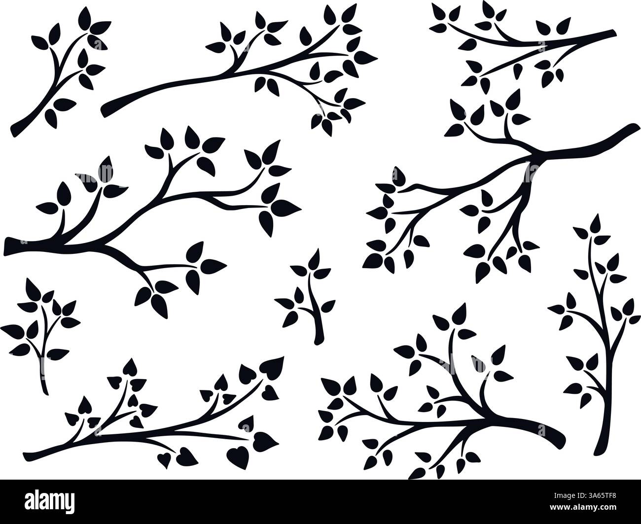 Branche d'arbre avec silhouette de feuilles. Collection gracieuses branches d'arbres à feuilles caduques, ombre noire. Illustration clip art de brindilles naturelles organiques Illustration de Vecteur