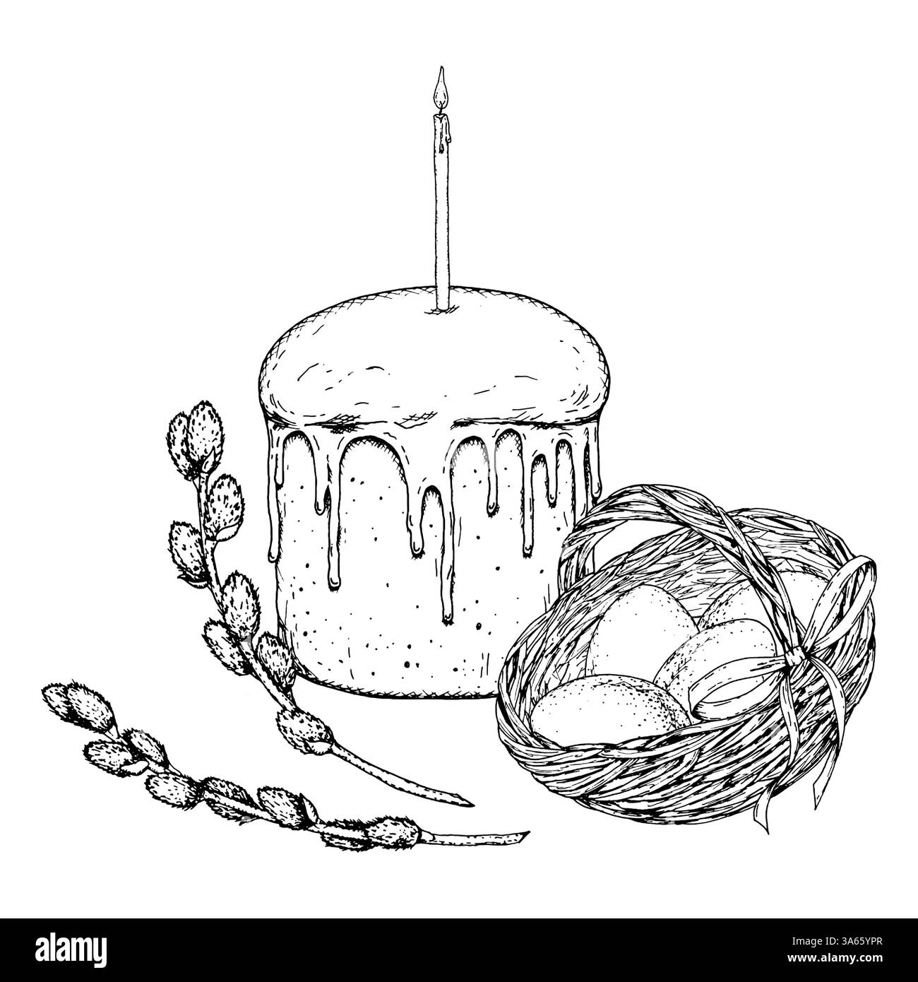 Illustration noire et blanche dessinée à la main de gâteau de Pâques avec bougie, œufs dans un panier en osier et branches de saule. Parfait pour les cartes de vacances, emballage Illustration de Vecteur