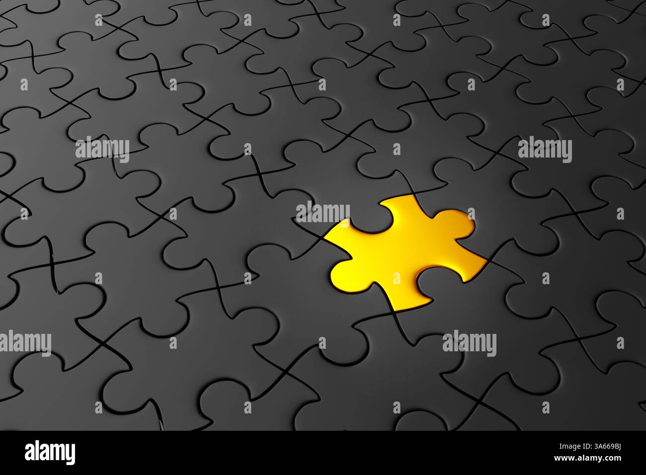 Ensemble de puzzles noirs avec une seule pièce dorée exceptionnelle au milieu. Illustration du concept de leadership, d'unicité et de prestige Banque D'Images