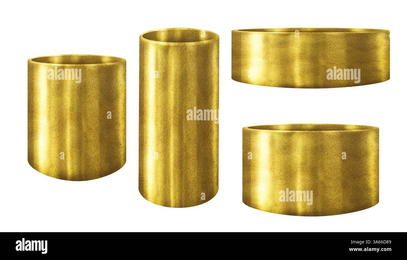Jardinières de différentes formes avec des textures métalliques or, laiton, bronze. Pot de fleurs moderne, vase pour plantes et bouquets. Modèle de conteneur d'aquarelle Banque D'Images