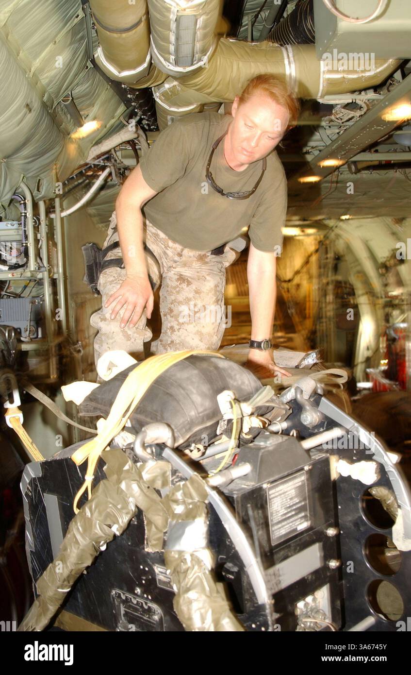 08 septembre 2004 ; Camp Korean Village, Irak ; le Sgt d'état-major TAMMY A. BELLEVILLE, commandant du 1er peloton de largage aérien, bataillon de soutien des services de combat 7, vérifie un système de livraison de parachute autoguidé Sherpa lors d'un largage de ravitaillement d'un VMGR-452 KC-130T Hercules au-dessus du Camp Korean Village, Irak, le 8 septembre. Le Sherpa produit commercialement peut diriger la cargaison d'une altitude de cinq milles vers le bas jusqu'à quelques mètres d'un point de largage désigné. Banque D'Images