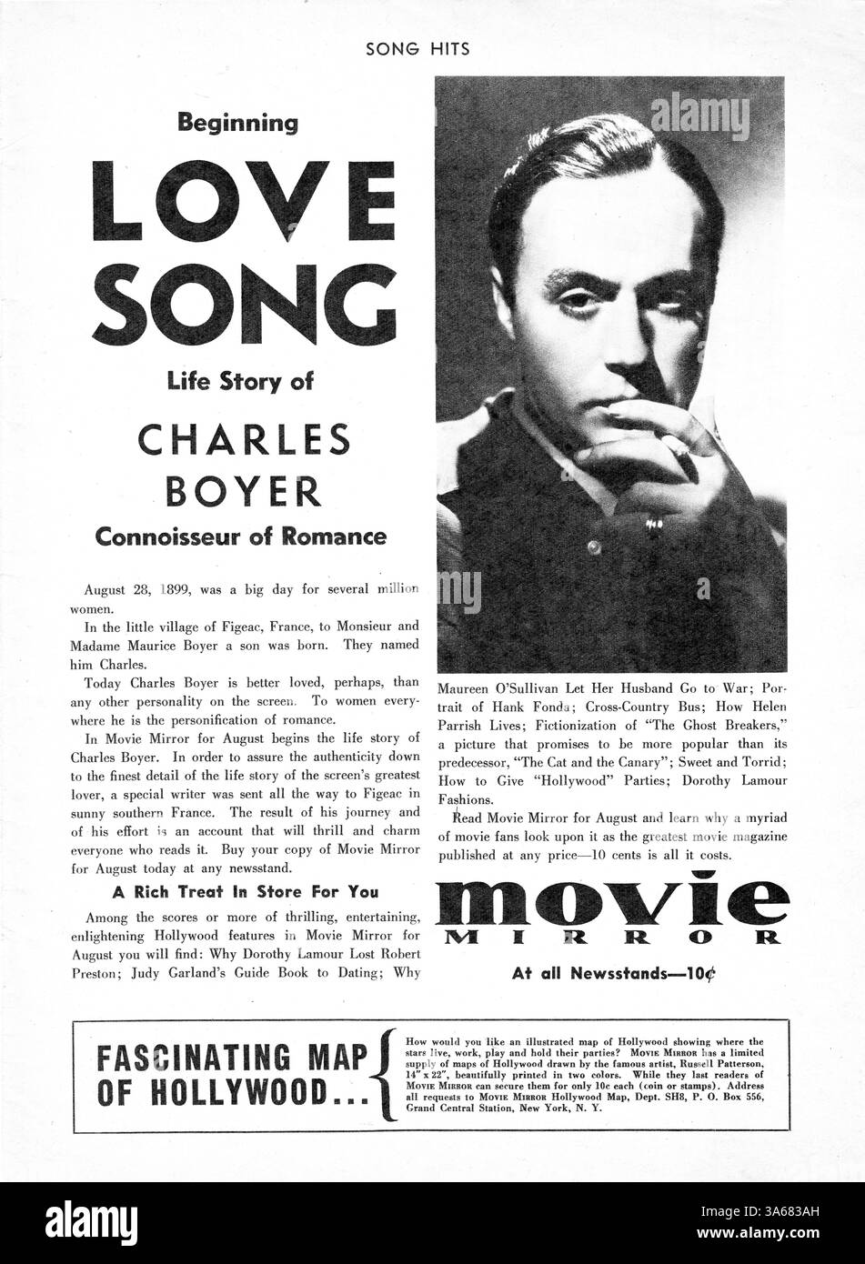 Une publicité pour le numéro d'août 1940 du magazine Movie Mirror présentant la première partie de l'histoire de la vie de Charles Boyer qu'ils présentent comme la personnification de la romance. C'est tiré d'un numéro de Song Hits, un magazine de paroles que je suppose être une publication sœur. Banque D'Images
