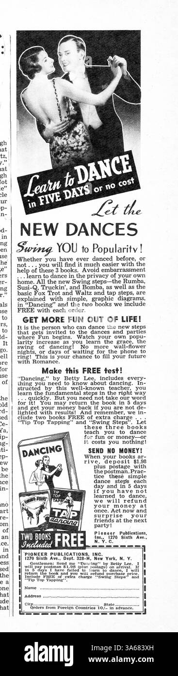 DANCING BY BETTY LEE - - une annonce d'un magazine de musique de 1940 pour un livre qui promet de vous apprendre à danser en 5 jours. Pioneer publications a couru cette annonce et la promesse d'une garantie de remboursement et 2 livres bonus. Maintenant, je vous demande, qui peut résister à cela ! ! ! Banque D'Images