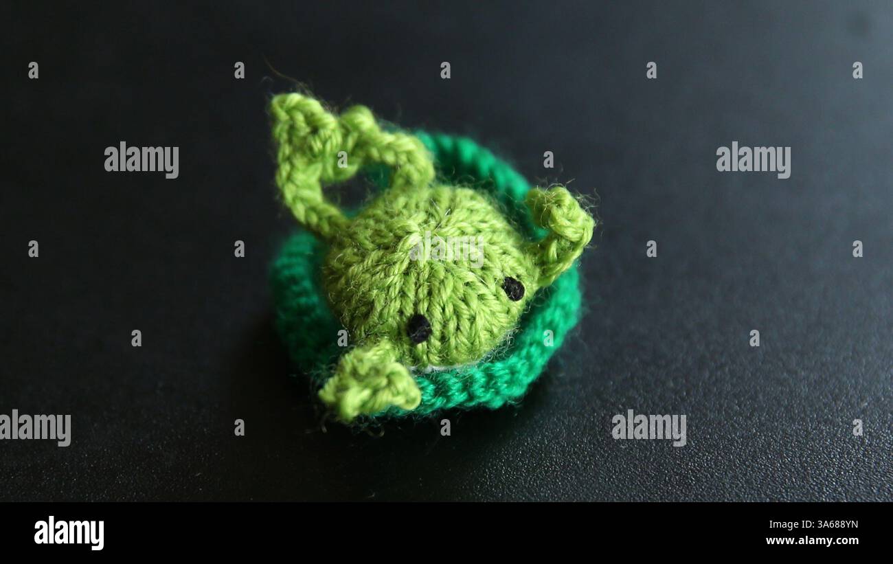 24 septembre 2014 - Chicago, il, États-Unis - L'artiste de fibre Anna Hrachovec fabrique des jouets tricotés qu'elle appelle des « mochis » qui peuplent leur propre monde appelé Mochimochi Land. Une grenouille sur un tapis de lis est vue le mercredi 24 septembre 2014. La plupart des mochas ont une taille très smallÃº de la pointe d'un pouce adulte. (Crédit image : © Terrence Antonio James/TNS/ZUMA Wire) Banque D'Images
