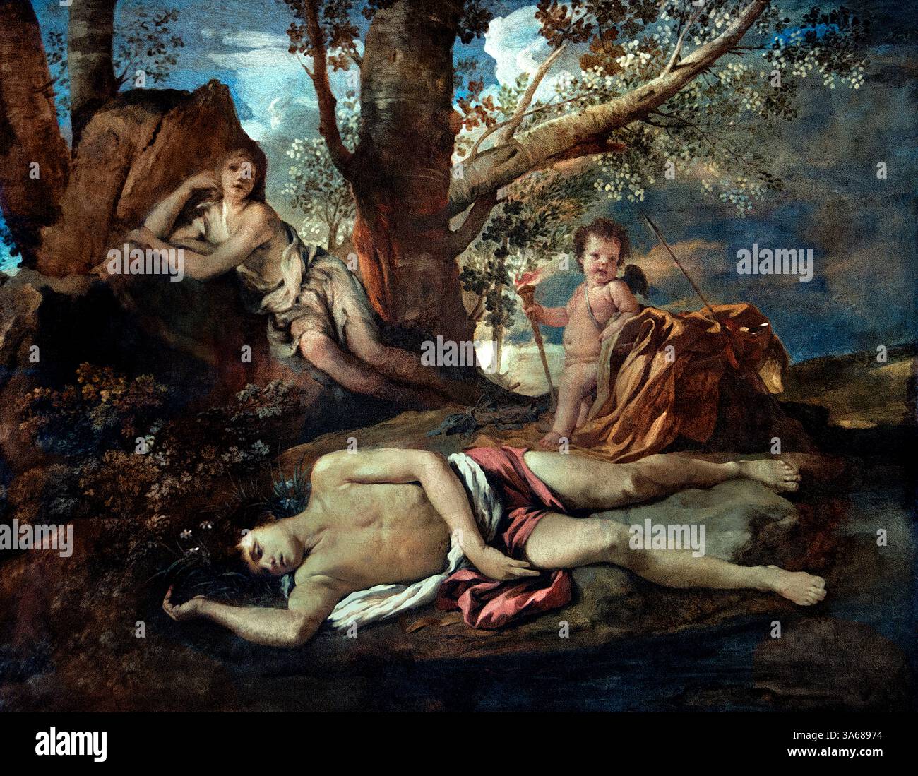 ECHO et Narcisse - Echo et Narcisse 1630 Nicolas Poussin 1590 - 1665 France Louvre France Musée des Beaux-Arts Paris. (Echo était une nymphe de montagne et Narcisse était un chasseur mortel dans la mythologie grecque. Leurs histoires se combineraient, et deviendraient un conte d'amour de soi et non partagé ) Banque D'Images ECHO et Narcisse - Echo et Narcisse 1630 Nicolas Poussin 1590 - 1665 France Louvre France Musée des Beaux-Arts Paris. (Echo était une nymphe de montagne et Narcisse était un chasseur mortel dans la mythologie grecque. Leurs histoires se combineraient, et deviendraient un conte d'amour de soi et non partagé ) Banque D'Images