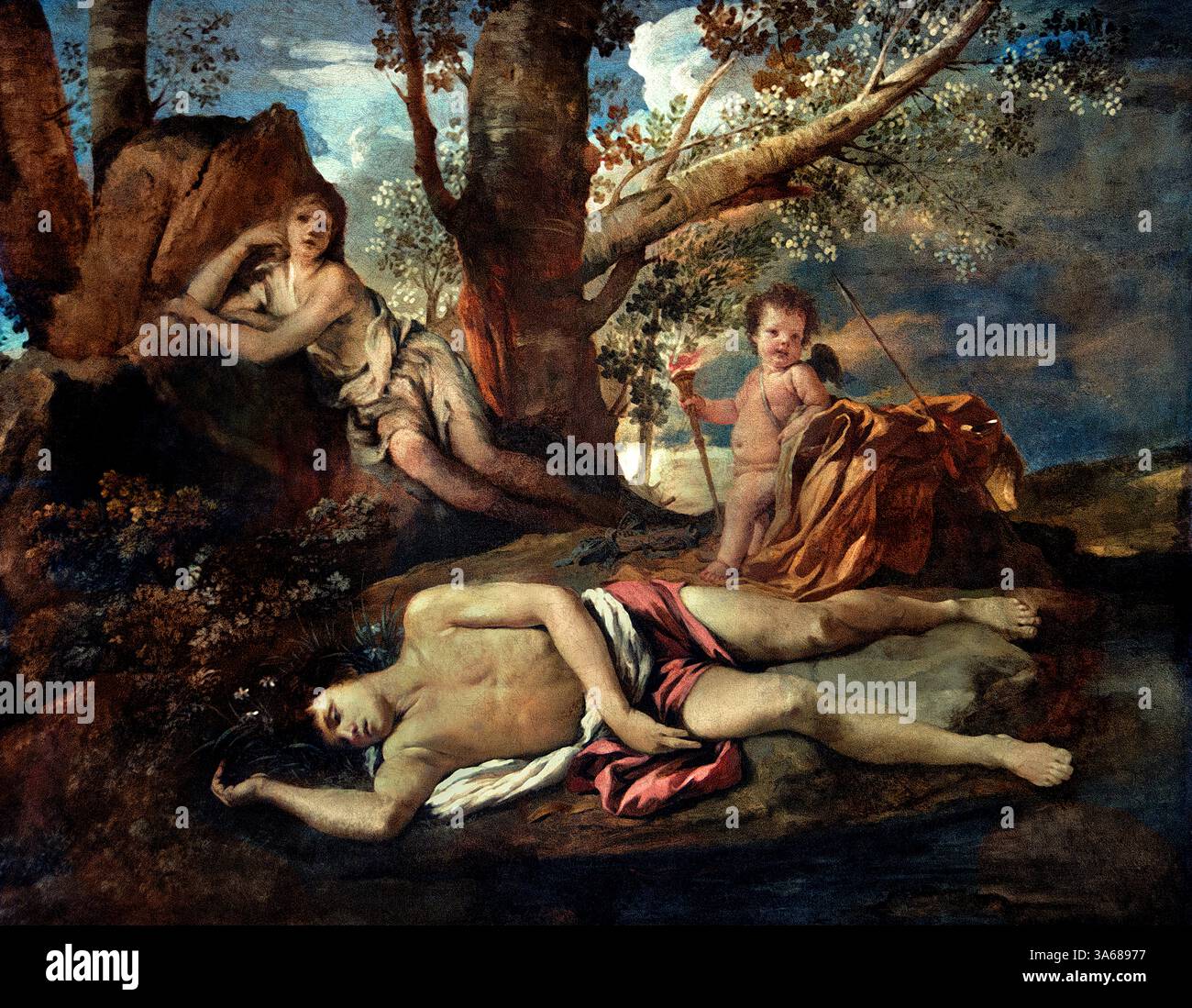 ECHO et Narcisse - Echo et Narcisse 1630 Nicolas Poussin 1590 - 1665 France Louvre France Musée des Beaux-Arts Paris. (Echo était une nymphe de montagne et Narcisse était un chasseur mortel dans la mythologie grecque. Leurs histoires se combineraient, et deviendraient un conte d'amour de soi et non partagé ) Banque D'Images ECHO et Narcisse - Echo et Narcisse 1630 Nicolas Poussin 1590 - 1665 France Louvre France Musée des Beaux-Arts Paris. (Echo était une nymphe de montagne et Narcisse était un chasseur mortel dans la mythologie grecque. Leurs histoires se combineraient, et deviendraient un conte d'amour de soi et non partagé ) Banque D'Images