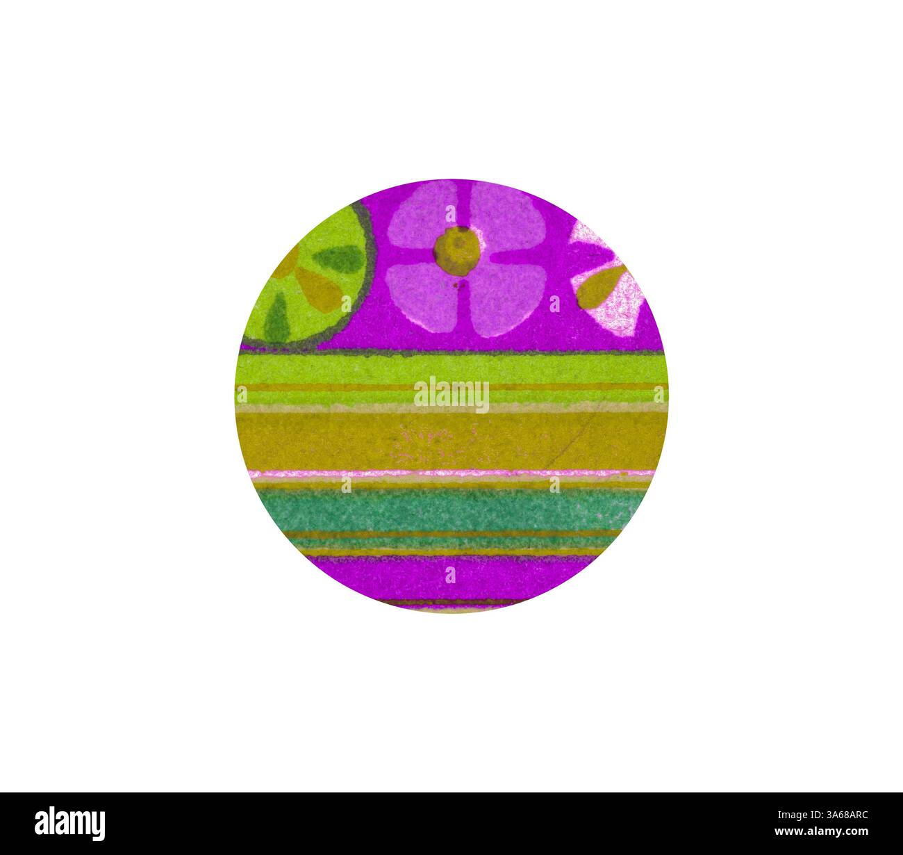 Un motif circulaire vibrant avec des rayures superposées dans les tons de vert, violet et rose, orné de motifs floraux et circulaires. Art classique avec une touche moderne réinventé par Artotop, ornement égyptien transformé Banque D'Images