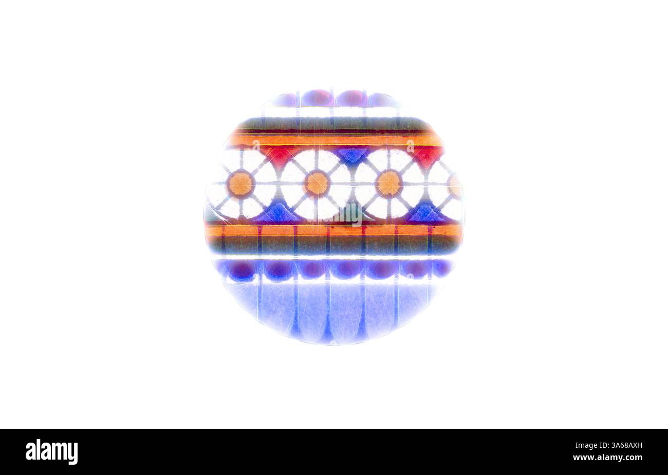 Un motif circulaire décoratif avec un mélange de formes géométriques et de couleurs vives, mis en valeur par des motifs floraux et des rayures audacieuses. Art classique avec une touche moderne réinventé par Artotop, ornement égyptien transformé Banque D'Images