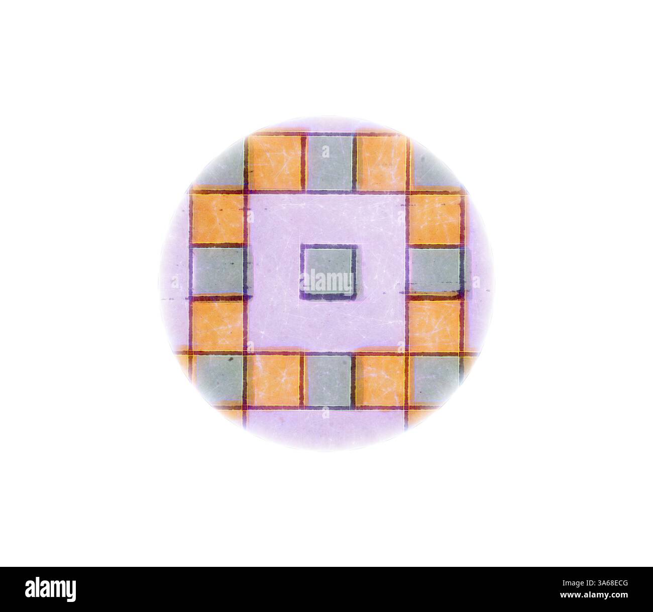 Un design circulaire avec un motif géométrique avec des carrés violets, orange et verts disposés autour d'un carré central, créant une composition visuellement frappante et équilibrée. Art classique avec une touche moderne réinventé par Artotop, transformé l'ornement assyrien et persan Banque D'Images