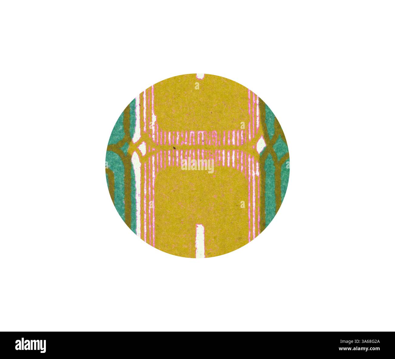 Un design circulaire avec un motif vibrant combinant jaune, rose et sarcelle, caractérisé par des formes géométriques et des lignes audacieuses. Art classique avec une touche moderne réinventé par Artotop, ornement grec transformé Banque D'Images