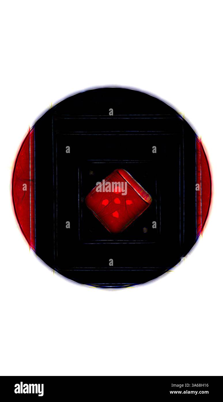 Un dé rouge vif avec des points blancs est centré dans une série de cercles concentriques noirs et rouges, créant une composition visuelle saisissante et audacieuse. Art classique avec une touche moderne réinventé par Artotop, transformé Pompeian Ornament Banque D'Images