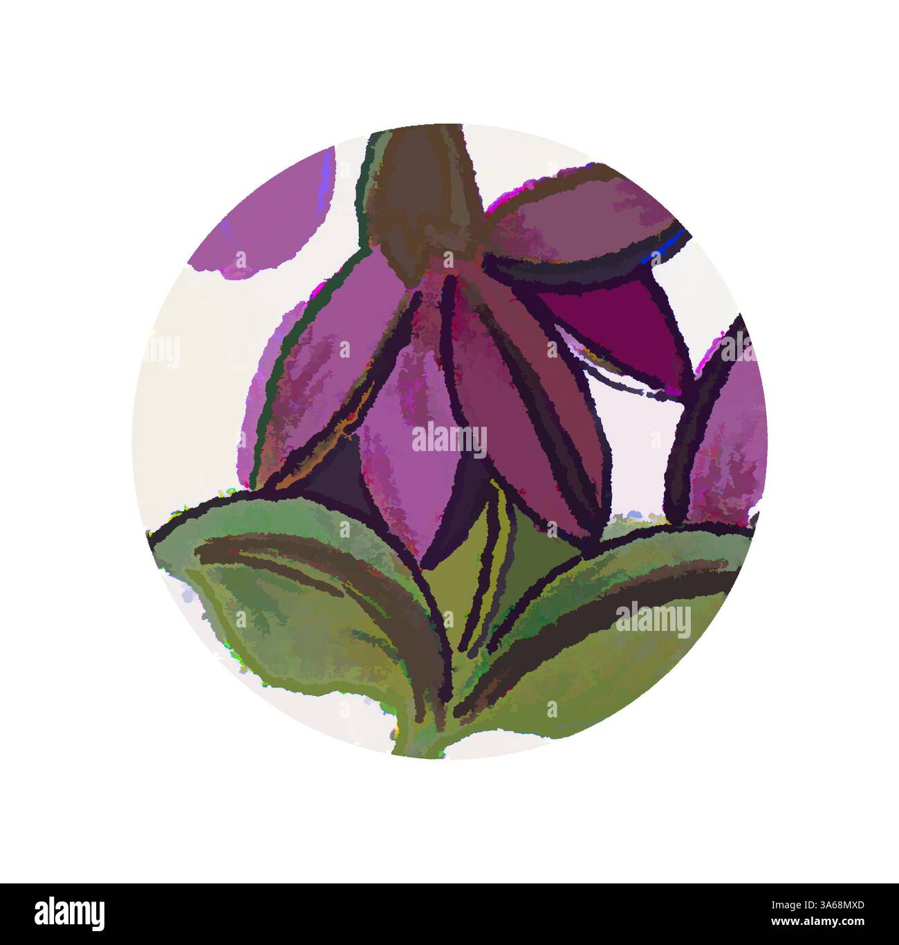 Une illustration vibrante de fleurs violettes avec des feuilles vertes, capturant la beauté de la nature d'une manière stylisée et artistique. Art classique avec une touche moderne réinventé par Artotop, transformé Persian Ornament Banque D'Images