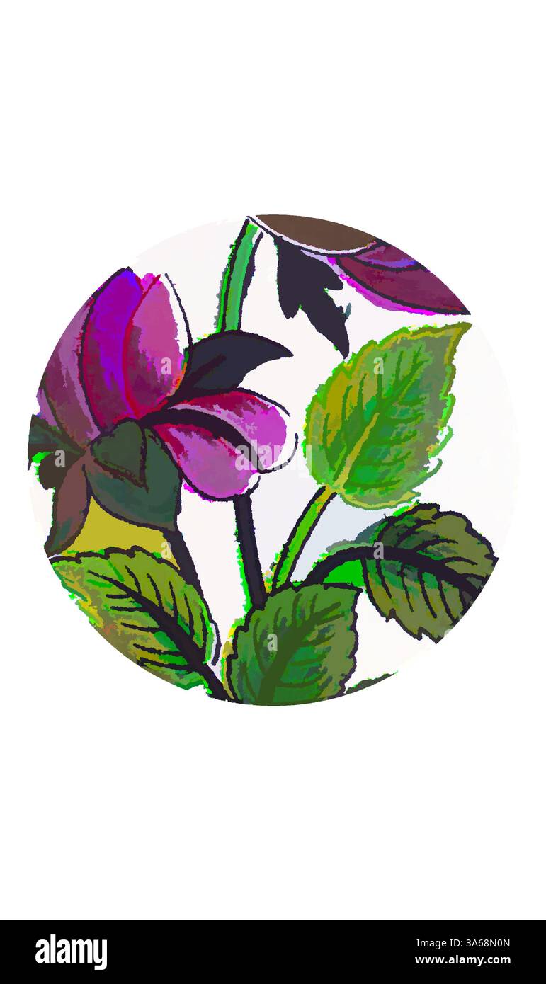 Une composition florale vibrante avec des feuilles vertes luxuriantes et des fleurs violettes saisissantes, mettant en valeur les détails complexes de la beauté de la nature. Art classique avec une touche moderne réinventé par Artotop, transformé Persian Ornament Banque D'Images