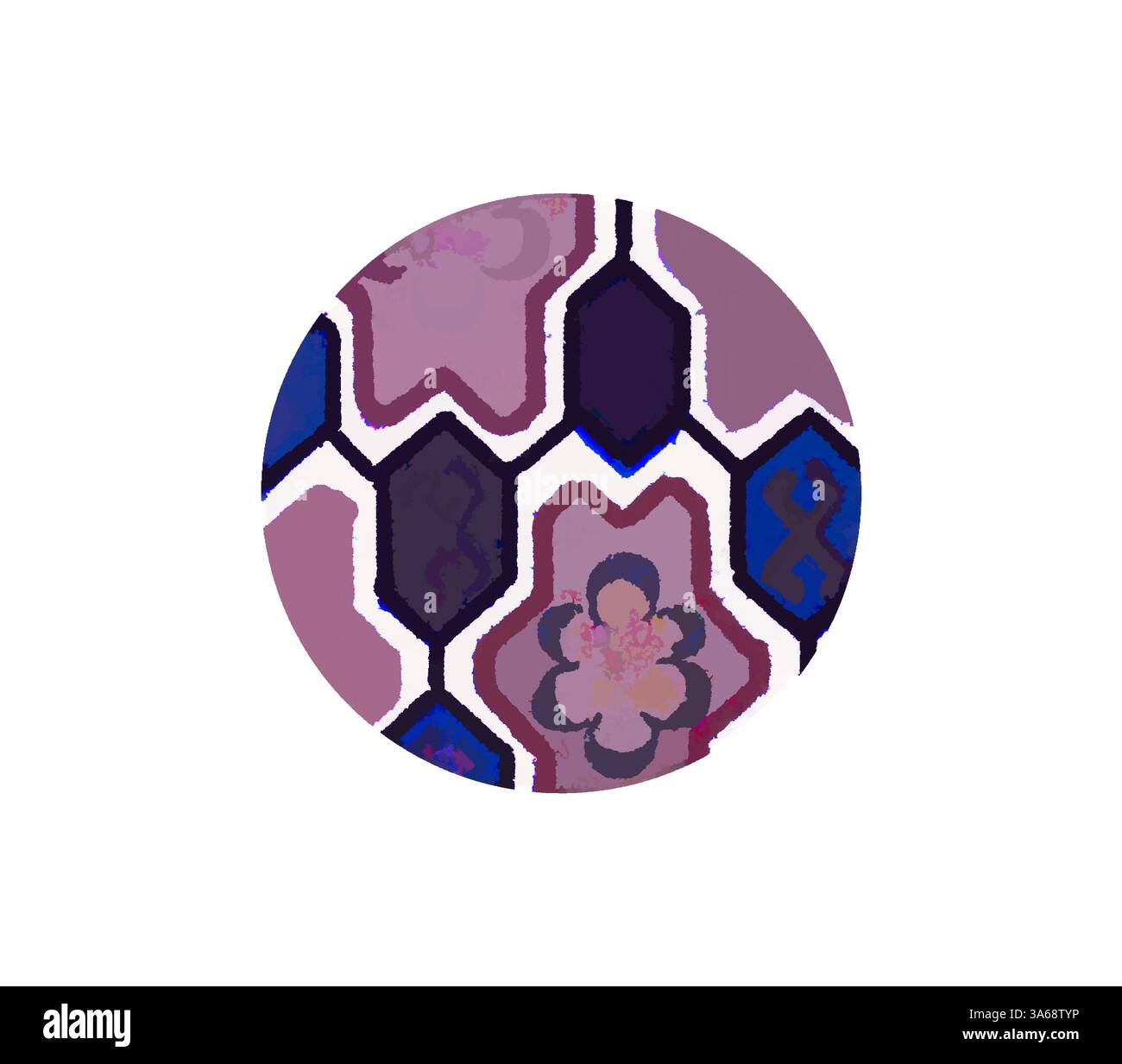 Un motif circulaire avec des formes géométriques complexes et des motifs floraux, mélangeant des nuances de violet, bleu et accents sombres. Art classique avec une touche moderne réinventé par Artotop, ornement chinois transformé Banque D'Images