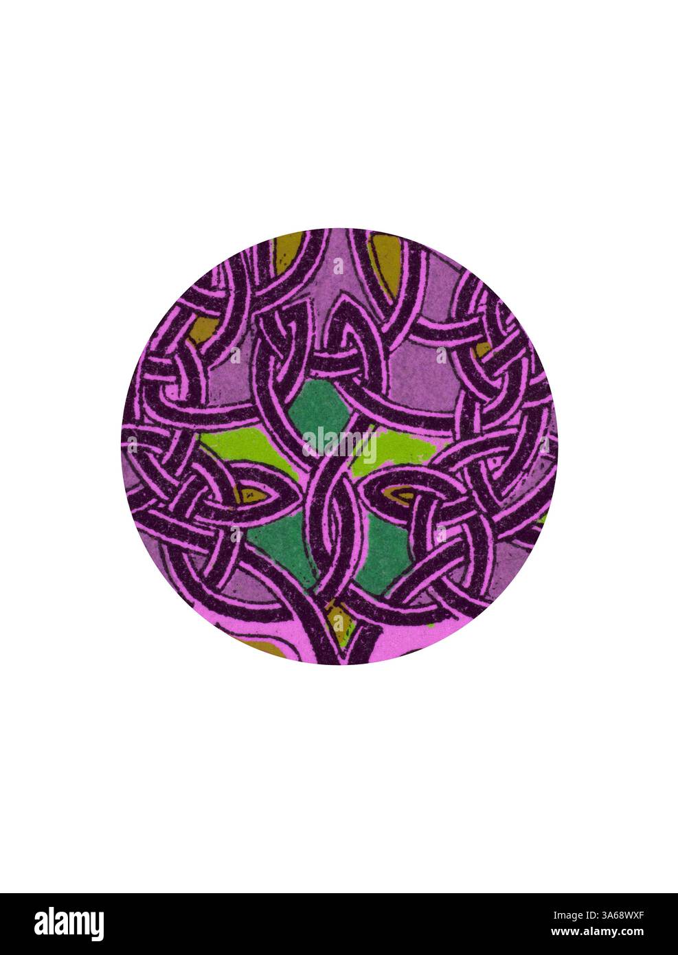 Un design circulaire vibrant avec des motifs entrelacés complexes dans les tons de violet, vert et noir, rappelant le celtique traditionnel Art classique avec une touche moderne réinventé par Artotop, transformé Celtic Ornament Banque D'Images