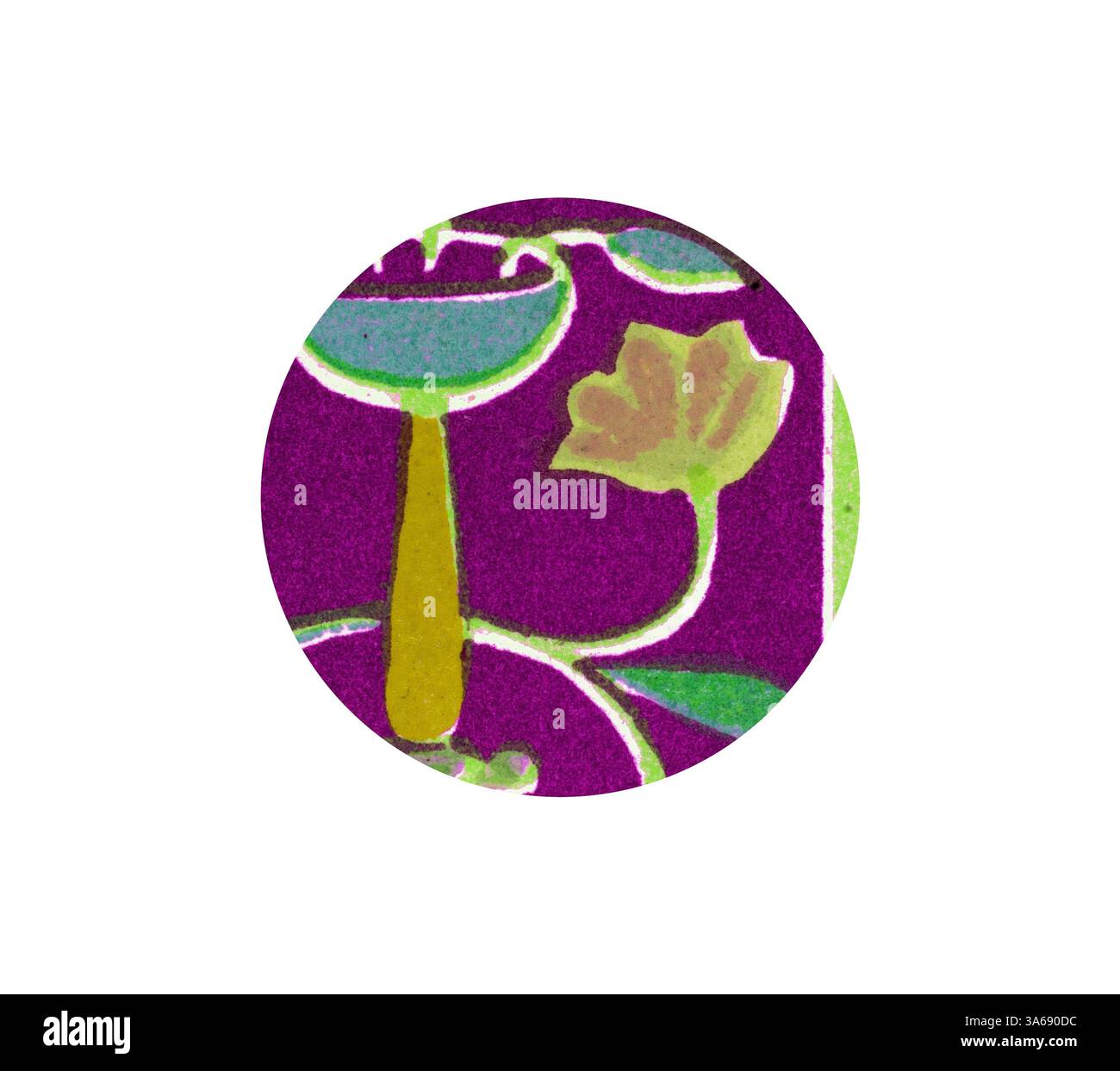 Un motif floral éclatant aux couleurs vives et aux motifs complexes, mettant en valeur une fleur stylisée et un feuillage vert sur un fond violet riche. Art classique avec une touche moderne réinventé par Artotop, transformé Renaissance Ornament Banque D'Images