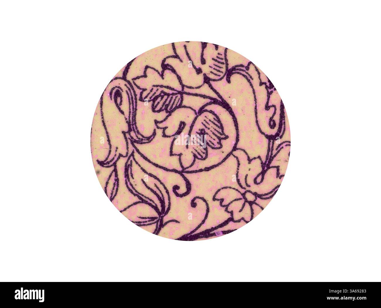 Un motif circulaire avec des motifs floraux complexes et des vignes tourbillonnantes, mettant en valeur un mélange harmonieux de courbes et de lignes. Art classique avec une touche de modernité réinventé par Artotop, ornement italien transformé Banque D'Images