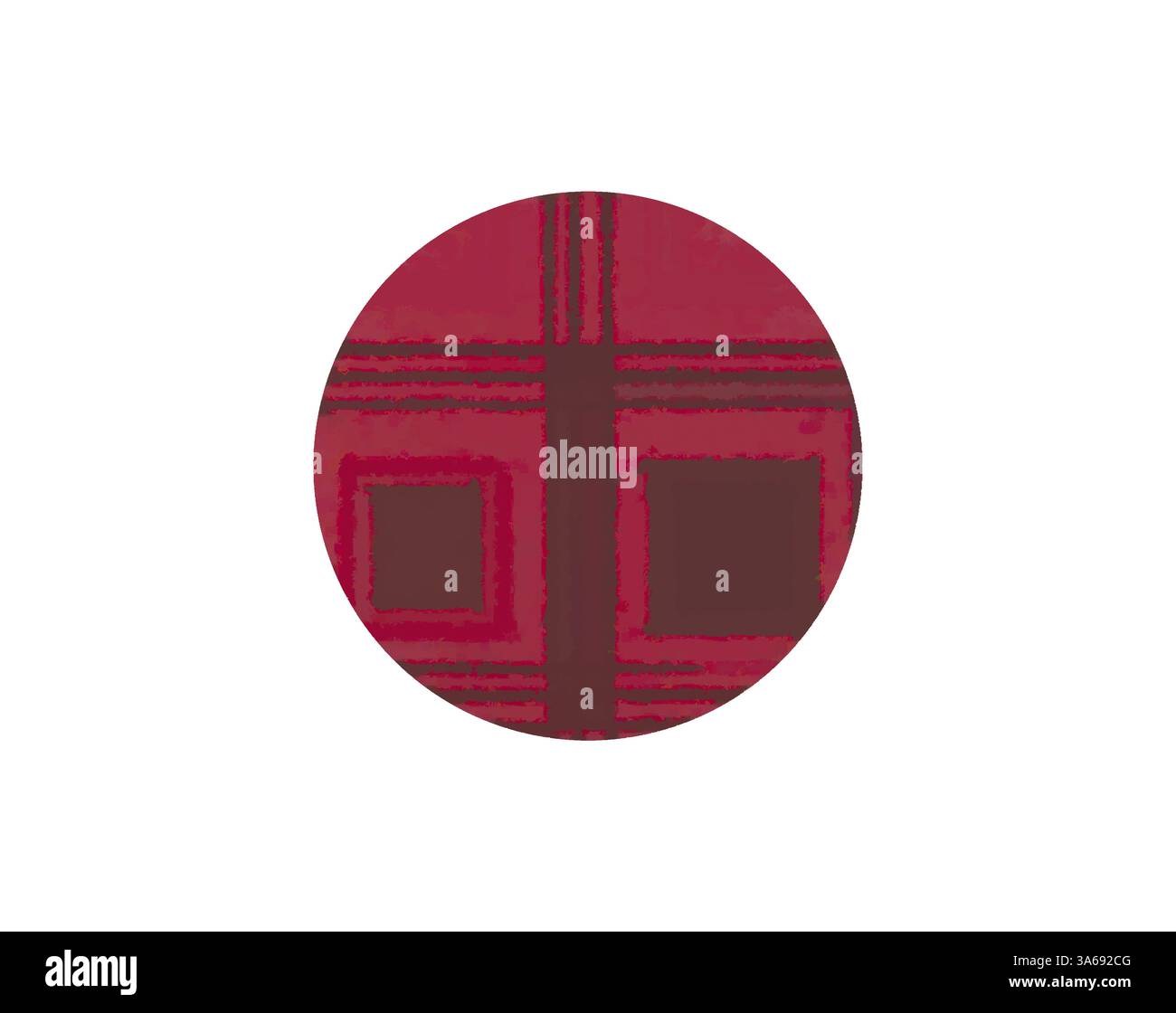 Un motif circulaire aux tons rouges riches entrelacés avec des carrés et des lignes plus sombres, créant un design abstrait moderne. Art classique avec une touche moderne réinventé par Artotop, transformé Mediæval ornement Banque D'Images