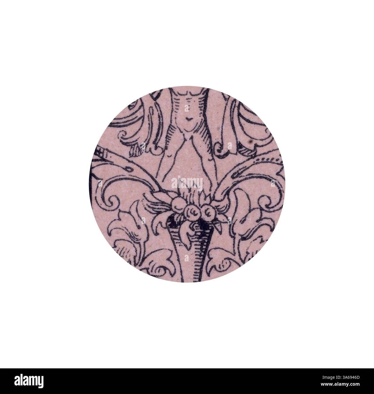 Un design circulaire complexe avec des motifs floraux stylisés et une figure centrale, le tout caractérisé par des lignes détaillées et des contours élégants. Art classique avec une touche de modernité réinventé par Artotop, ornement italien transformé Banque D'Images