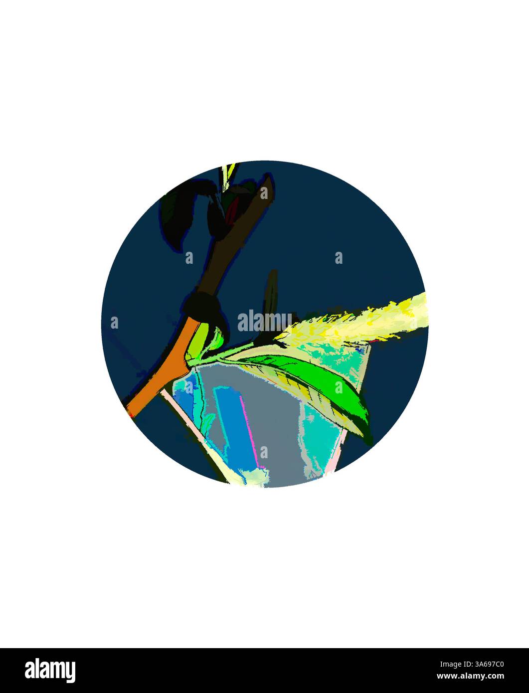 Une vue rapprochée de la tige et des feuilles d'une plante, avec des couleurs vibrantes et des formes abstraites en arrière-plan, créant un contraste saisissant et une représentation artistique de la nature. Art classique avec une touche moderne réinventé par Artotop, transformé Salix fragilis, Var. Décipiens, saule gallois blanc Banque D'Images