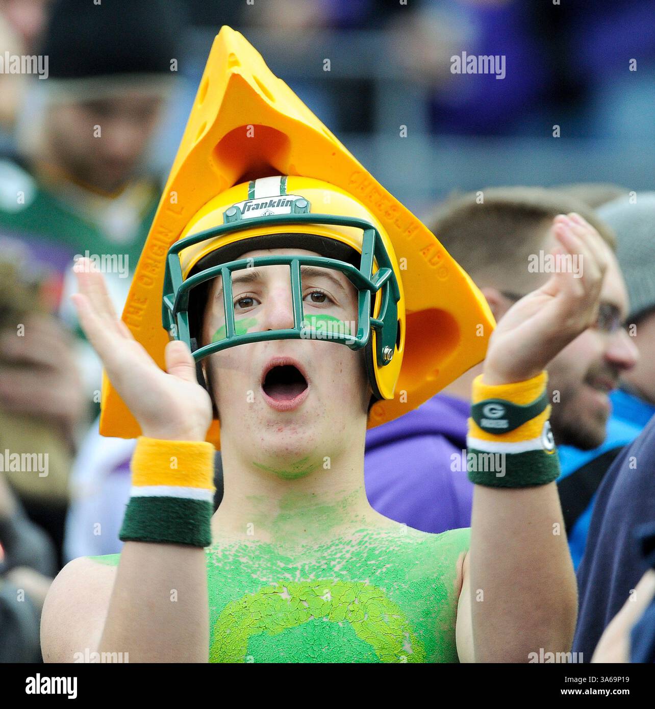 23 novembre 2014 : fan de Green Bay Packers pendant la première mi-temps au stade TCF Bank de Minneapolis, MN..Craig Lassig/CSM(crédit image : © Craig Lassig/Cal Sport Media/ZUMAPRESS.com) Banque D'Images