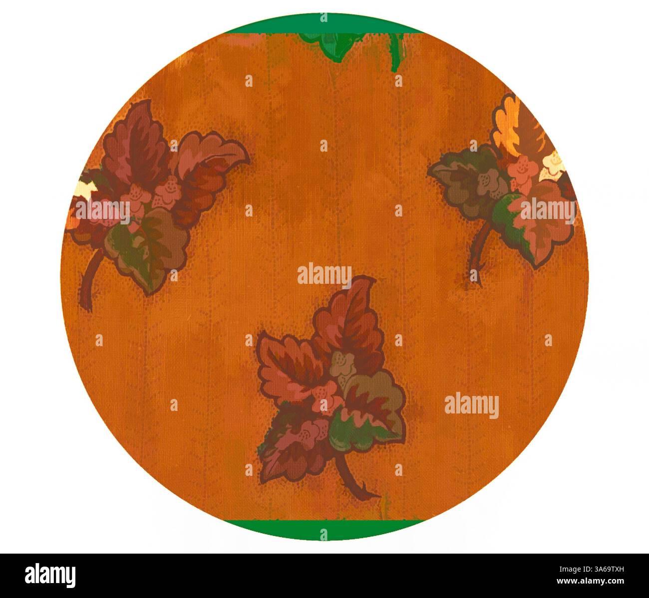 Une composition circulaire avec un feuillage vibrant avec des motifs de feuilles complexes dans des teintes chaudes, sur un fond riche et texturé. Art classique avec une touche moderne réinventé par Artotop, transformé les tissus français, première moitié du XIXe siècle Banque D'Images