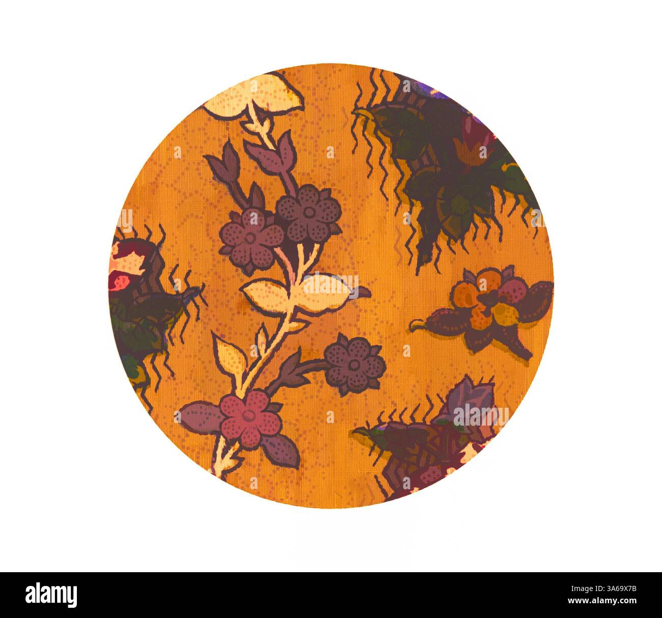 Un motif circulaire vibrant avec des fleurs délicates et un feuillage abstrait dans des couleurs riches et contrastées sur un fond chaud et doré. Art classique avec une touche moderne réinventé par Artotop, transformé les tissus français, première moitié du XIXe siècle Banque D'Images