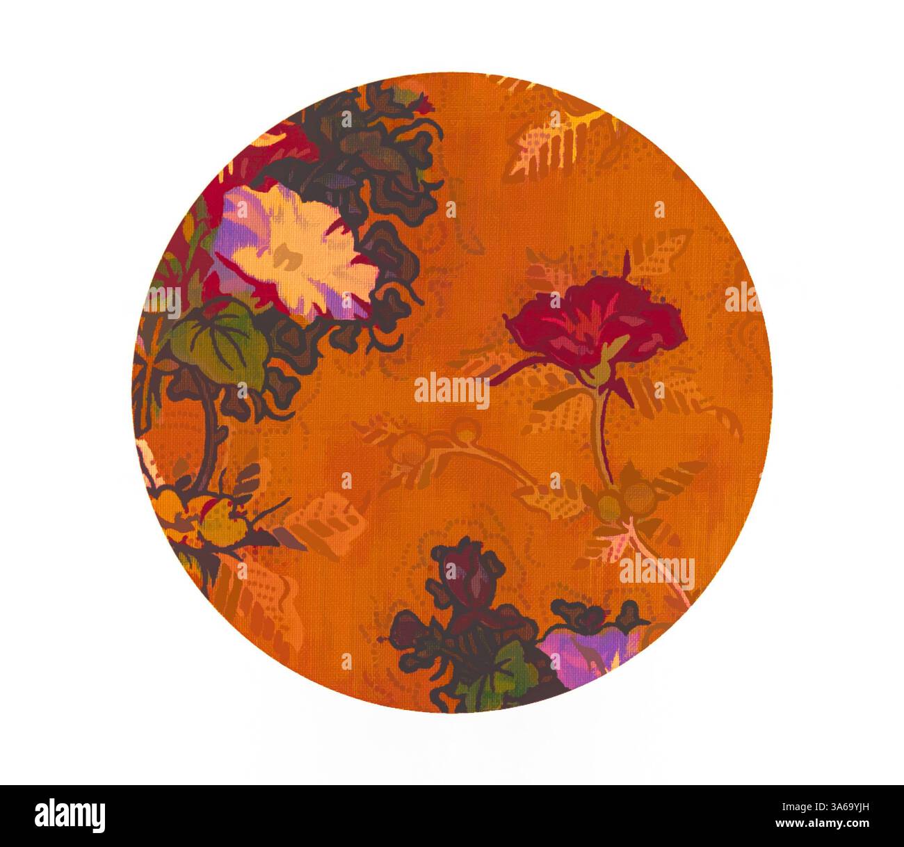 Un motif floral vibrant aux couleurs riches et aux motifs complexes, mettant en valeur des fleurs audacieuses et un feuillage luxuriant sur un fond chaud. Art classique avec une touche moderne réinventé par Artotop, transformé les tissus français, première moitié du XIXe siècle Banque D'Images