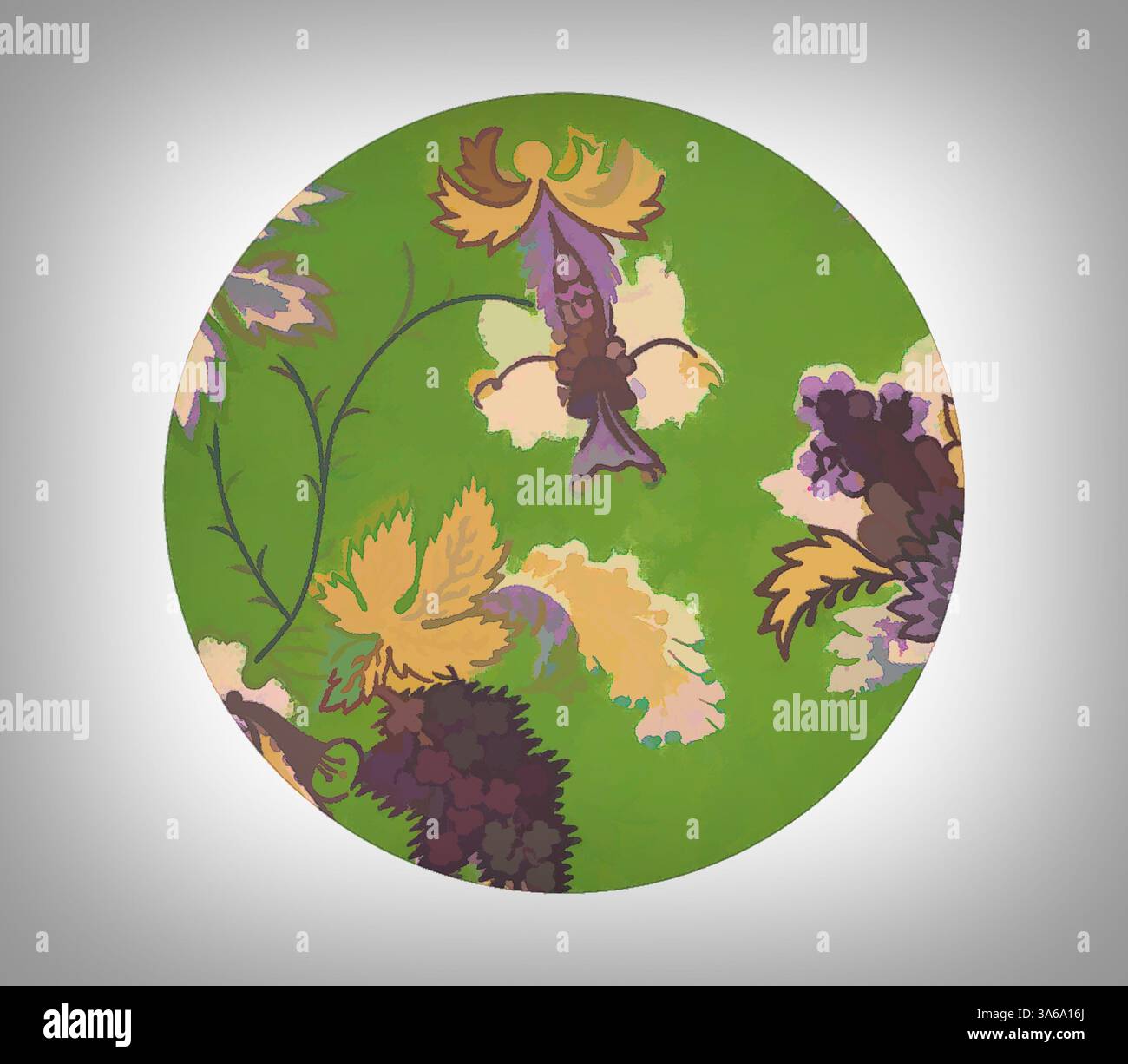 Un design rond vibrant avec un éventail de motifs floraux colorés entrelacés avec un riche feuillage sur un fond vert vif. Art classique avec une touche moderne réinventé par Artotop, transformé les tissus français, première moitié du XIXe siècle Banque D'Images
