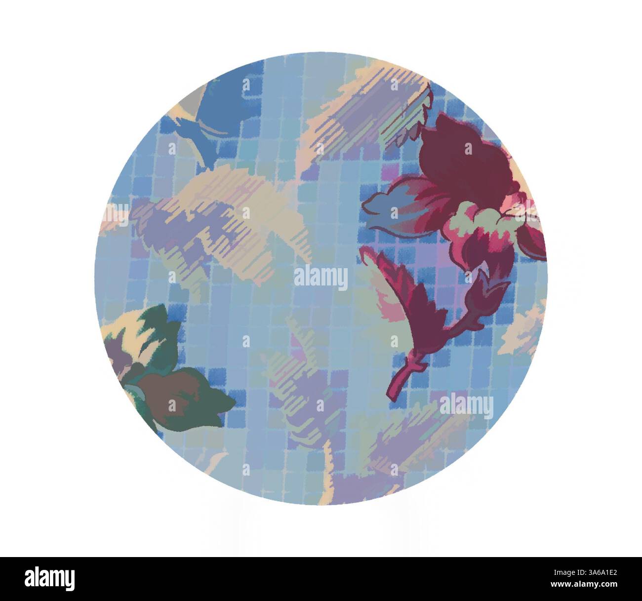 Un design circulaire avec un motif floral, avec des teintes douces de bleu et de rouge profond, disposé sur un fond texturé qui ajoute de la profondeur et de l'intérêt visuel. Art classique avec une touche moderne réinventé par Artotop, transformé les tissus français, première moitié du XIXe siècle Banque D'Images