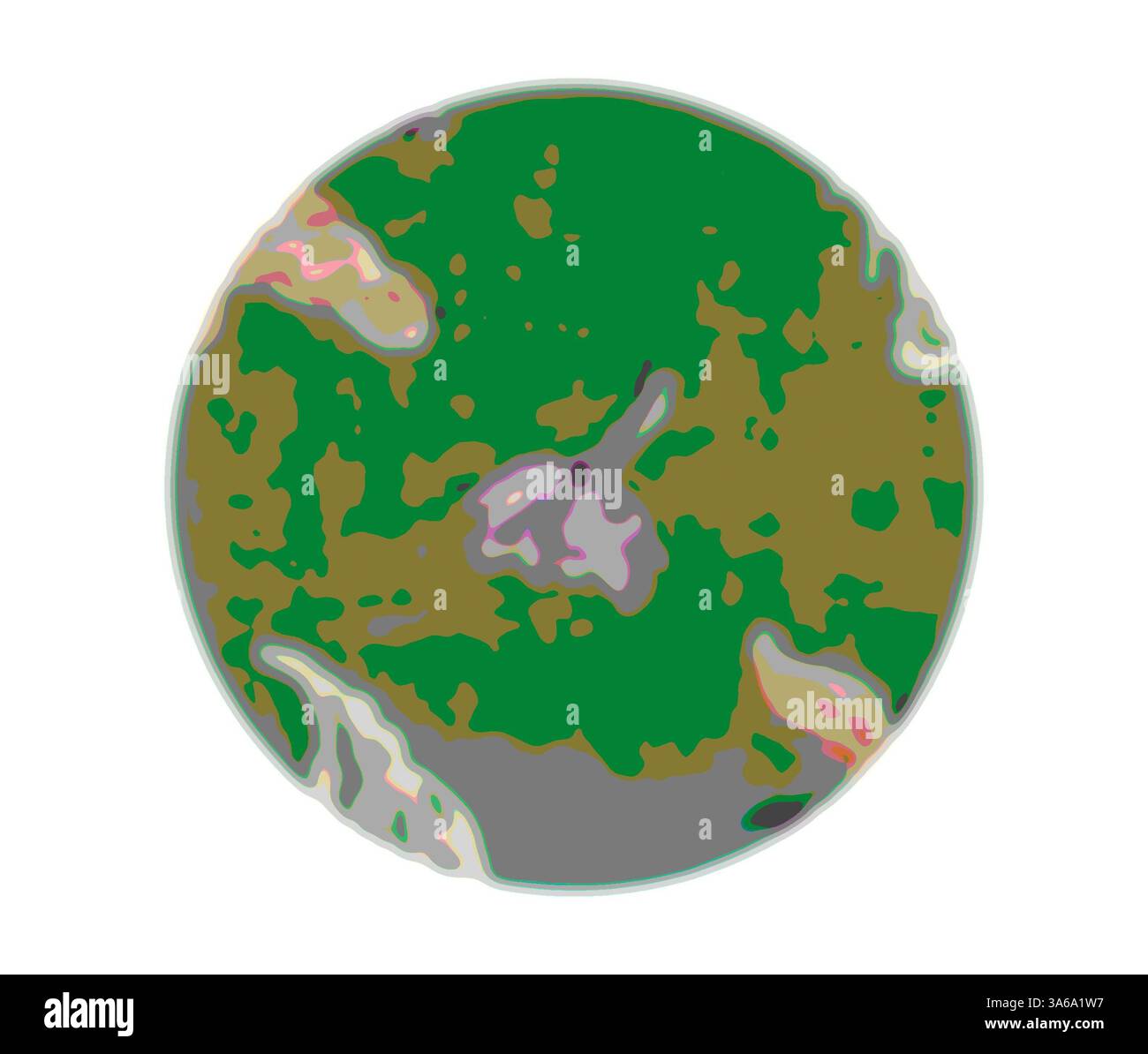 Une représentation stylisée d'une planète mettant en valeur un mélange de masses terrestres vertes, de zones grises et de tons de terre doux, suggérant un paysage diversifié et varié. Art classique avec une touche moderne réinventé par Artotop, transformé les tissus français, première moitié du XIXe siècle Banque D'Images