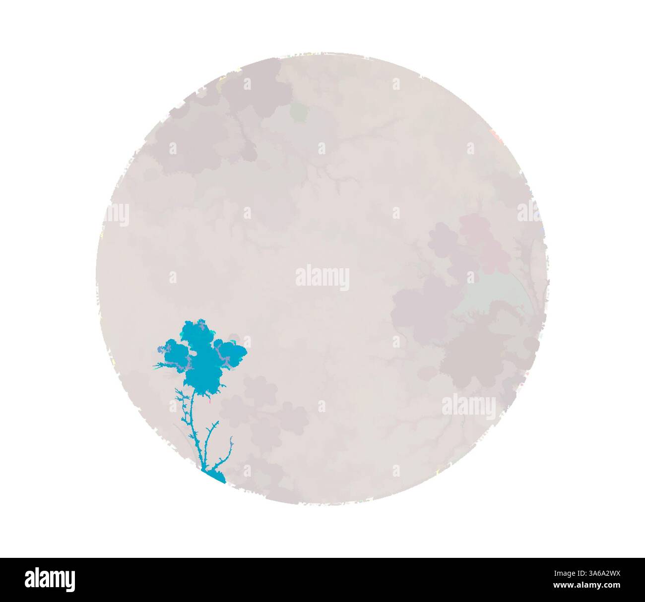 Une représentation délicate et abstraite d'une forme ronde avec des couleurs douces et discrètes et un élément floral bleu vibrant en bas à gauche, créant une composition sereine et minimaliste. Art classique avec une touche moderne réinventé par Artotop, transformé les tissus français, première moitié du XIXe siècle Banque D'Images