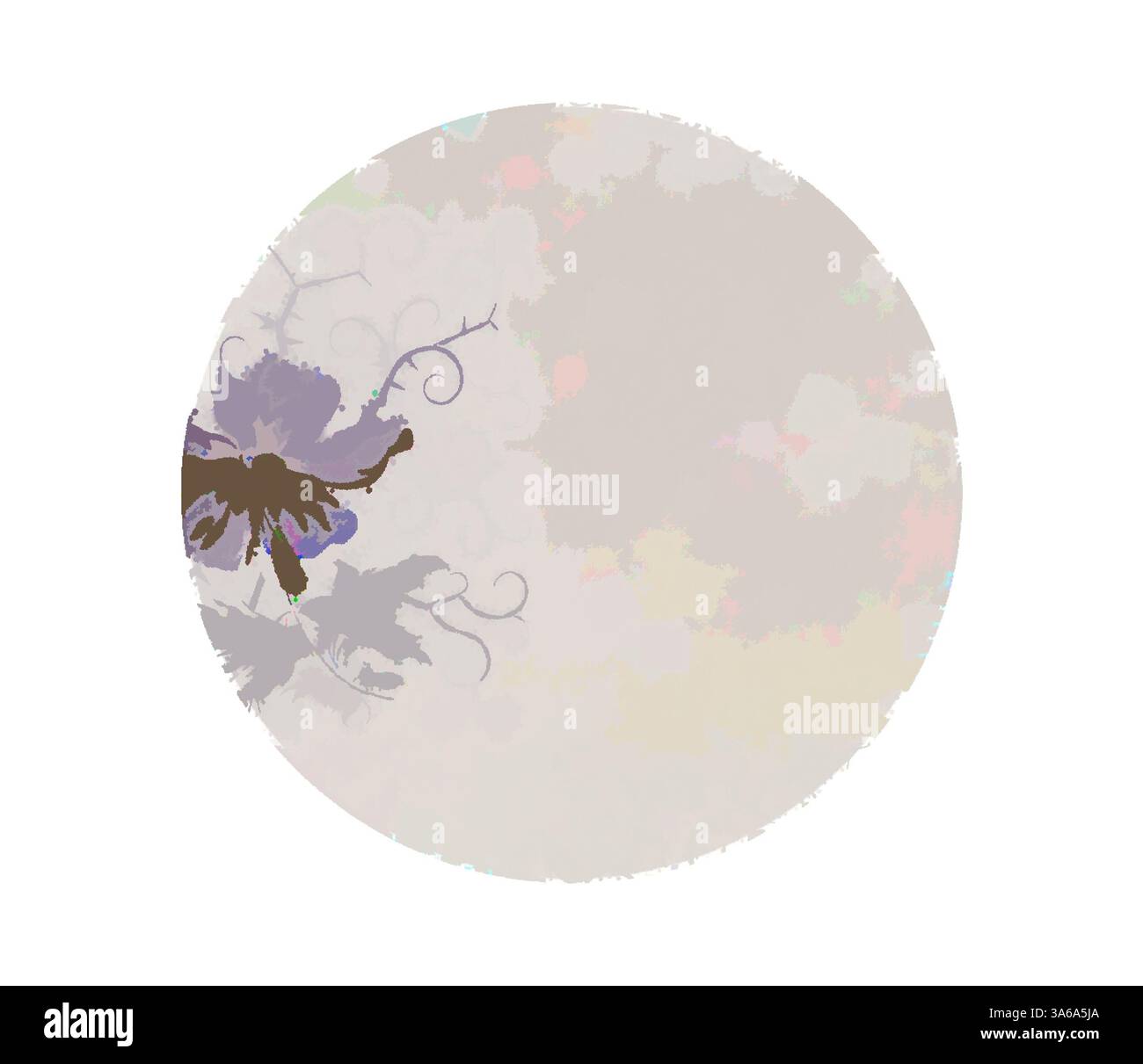 Une délicate fleur violette avec des vignes tourbillonnantes apparaît sur le côté gauche, contrastant doucement avec un fond doux et flou qui évoque une atmosphère sereine et rêveuse. Art classique avec une touche moderne réinventé par Artotop, transformé les tissus français, première moitié du XIXe siècle Banque D'Images