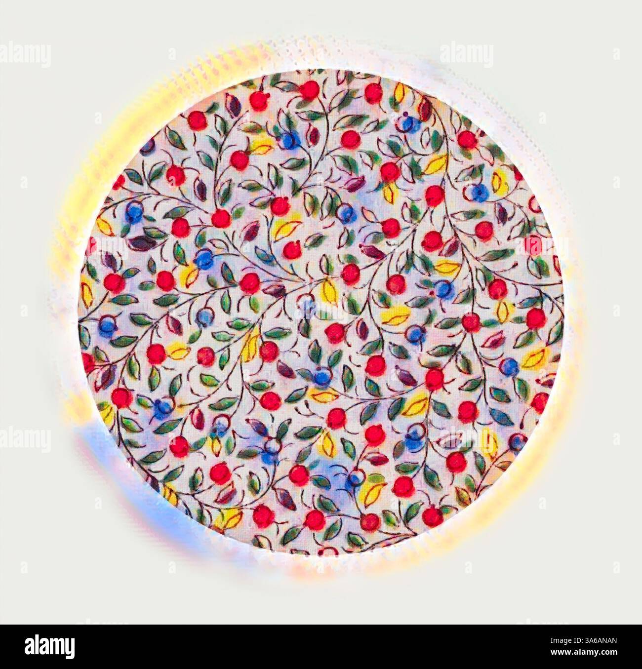 Un motif circulaire présente des grappes complexes de fleurs et de feuilles colorées, entrelacées dans un design vibrant et vivant. Art classique avec une touche moderne réinventé par Artotop, transformé les tissus français, première moitié du XIXe siècle Banque D'Images