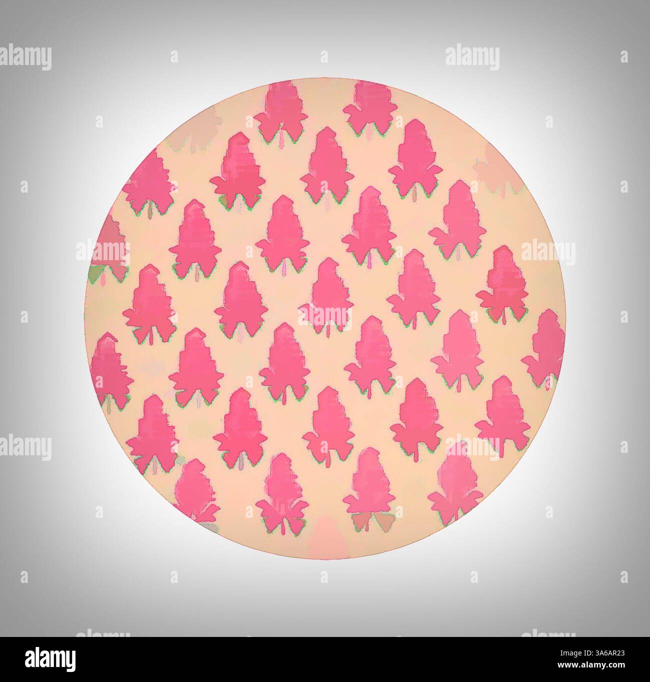 Un design circulaire avec un motif répétitif de figures stylisées, principalement dans des tons de rose sur un fond doux, créant une composition visuellement frappante et ludique. Art classique avec une touche moderne réinventé par Artotop, transformé les tissus français, première moitié du XIXe siècle Banque D'Images