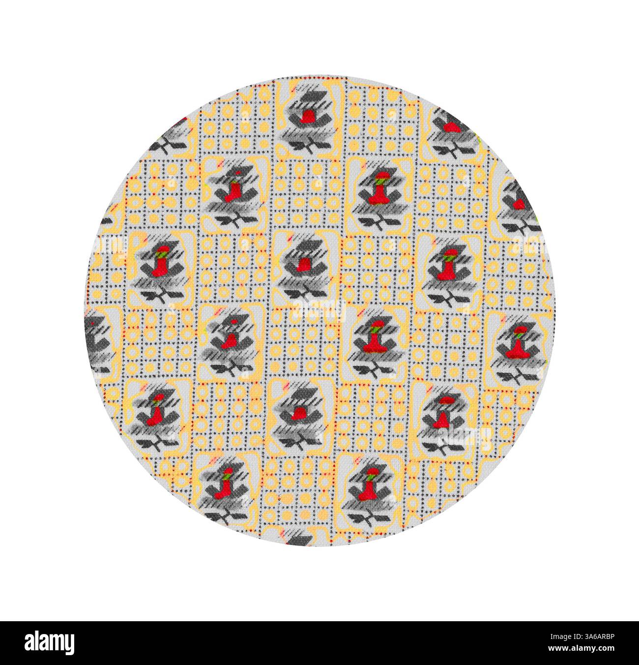 Un tissu circulaire avec un motif vibrant de figures stylisées, de formes géométriques et de couleurs vives sur un fond jaune clair, créant un design ludique et dynamique. Art classique avec une touche moderne réinventé par Artotop, transformé les tissus français, première moitié du XIXe siècle Banque D'Images