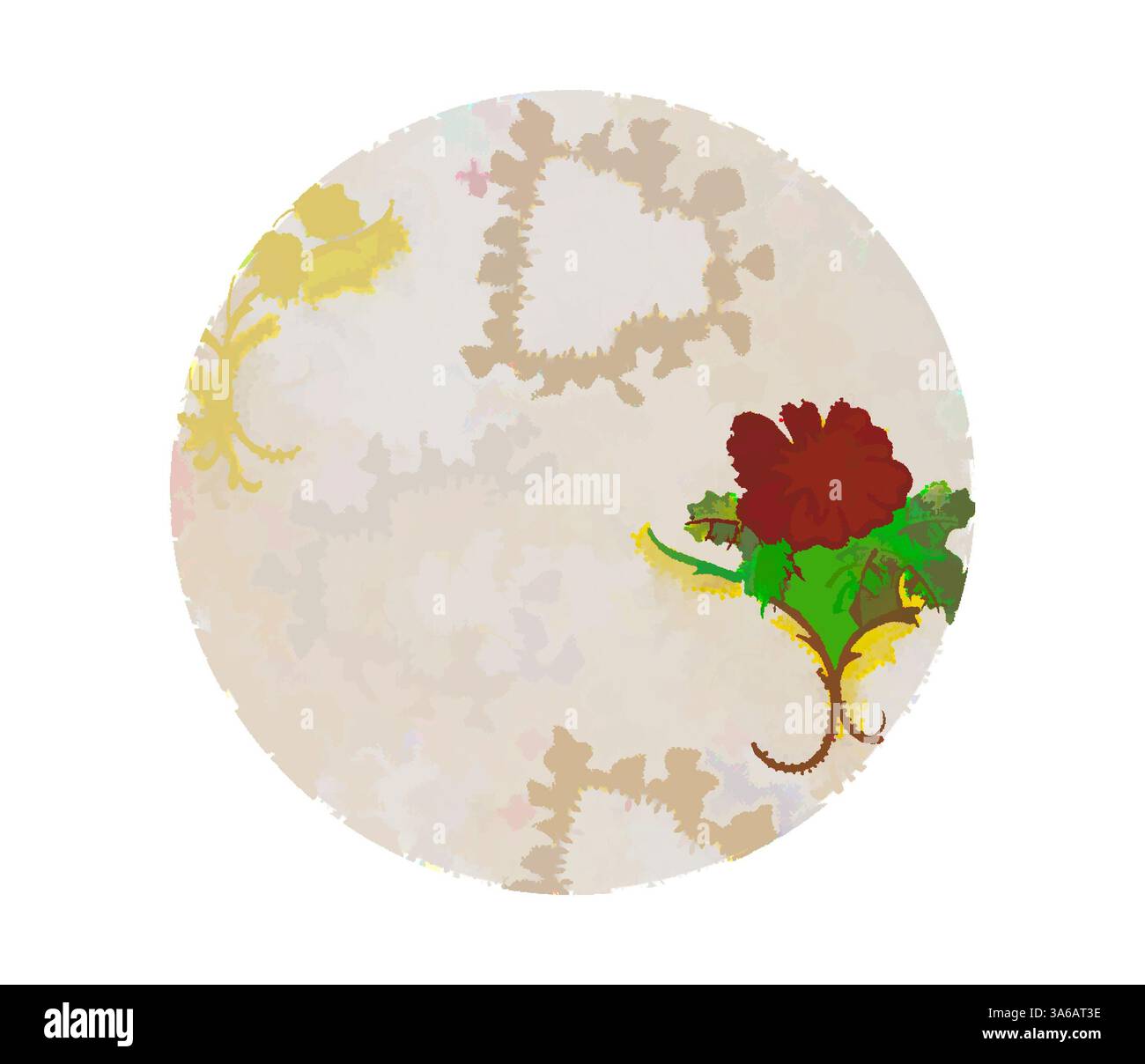 Un motif circulaire texturé aux couleurs douces et discrètes avec une fleur rouge profond proéminente et des feuilles vertes délicates, entouré de motifs abstraits qui ajoutent de la profondeur et de l'intérêt. Art classique avec une touche moderne réinventé par Artotop, transformé les tissus français, première moitié du XIXe siècle Banque D'Images