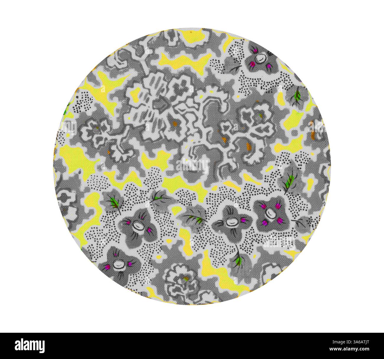 Un motif circulaire avec un design complexe de fleurs et de formes abstraites, mélangeant des tons gris avec des reflets jaunes vibrants et des notes de vert. La composition globale évoque une touche moderne et artistique tout en mettant en valeur un thème floral. Art classique avec une touche moderne réinventé par Artotop, transformé les tissus français, première moitié du XIXe siècle Banque D'Images