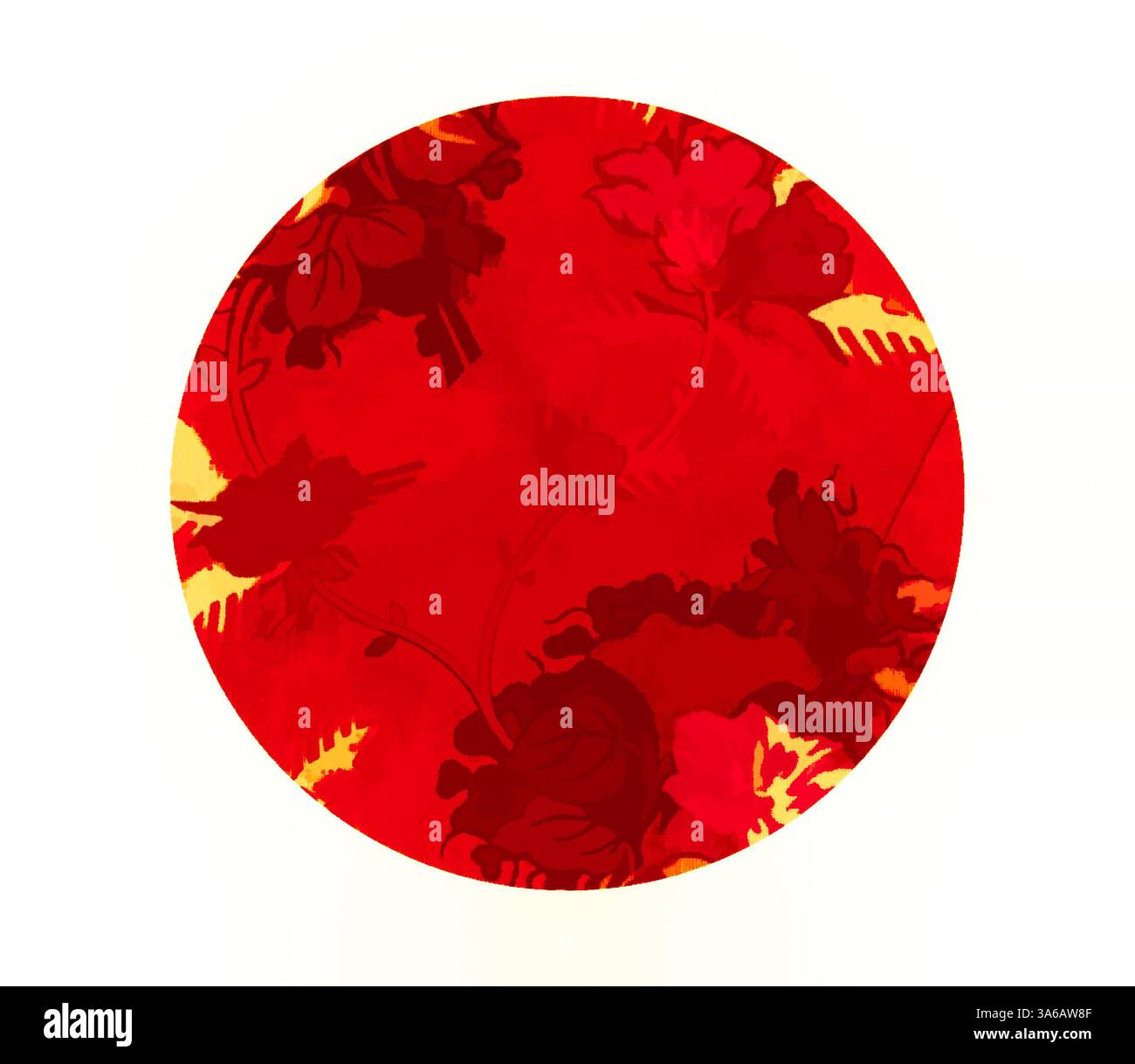Une surface ronde vibrante ornée de motifs floraux rouges audacieux, avec un jeu de jaunes chauds et de rouges plus profonds qui évoquent un sentiment d'énergie et de passion. Art classique avec une touche moderne réinventé par Artotop, transformé les tissus français, première moitié du XIXe siècle Banque D'Images
